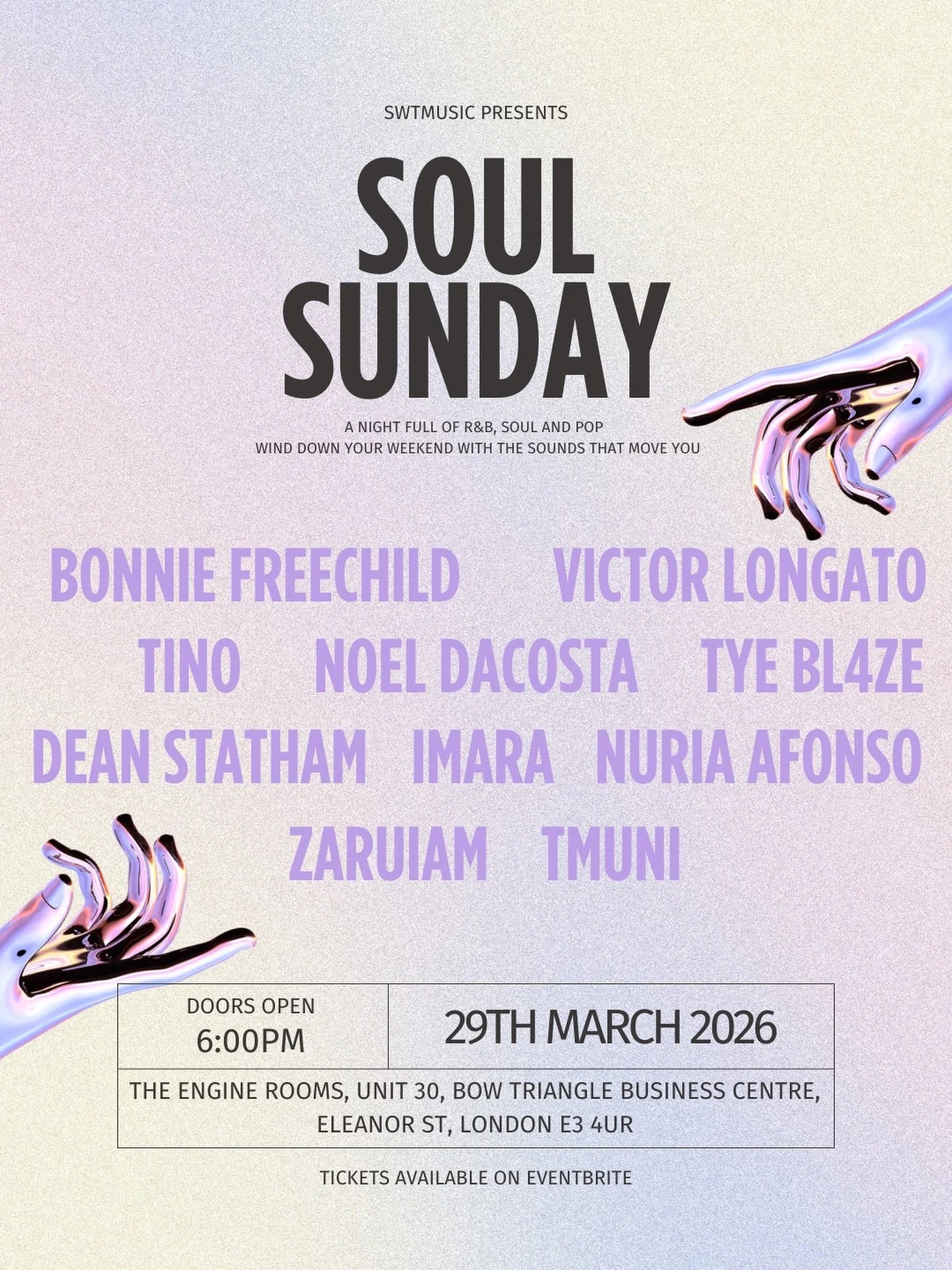 Soul Sunday is back for 2026 and we&rsquo;re bringing the sounds of R&amp;B, Pop and soul to East London🎶🎤

Expect sounds from:
@deanstatham_official 
@nuriaafonso 
@bonniefreechild 
@zaruiam 
@noel.dacosta 
@tino.music1 
@bl4ze_mus1c 
@victorlonga