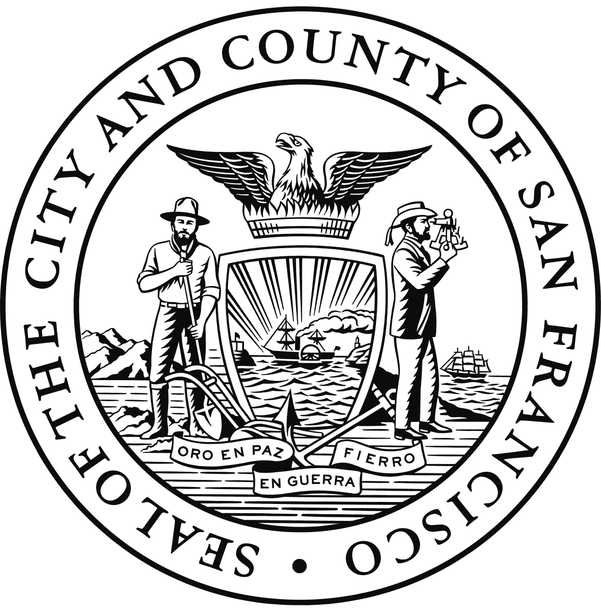 The seal of the Santa Clara County, California, featuring a bald eagle, two figures, a shield with scenic elements, and the motto 'Oro en Paz, Fierro en Guerra'.