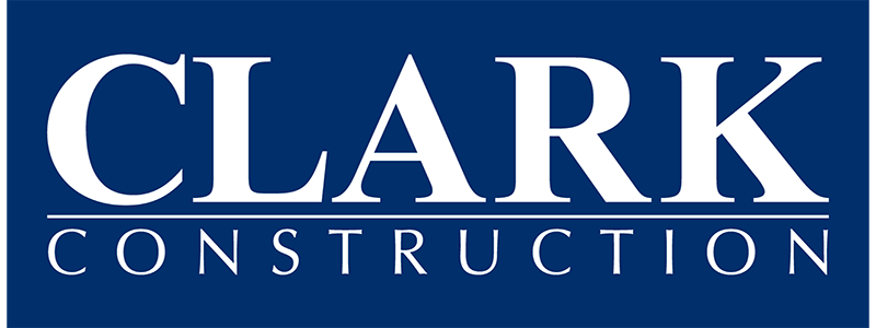 Logo for Clark Construction with white text on a dark blue background.