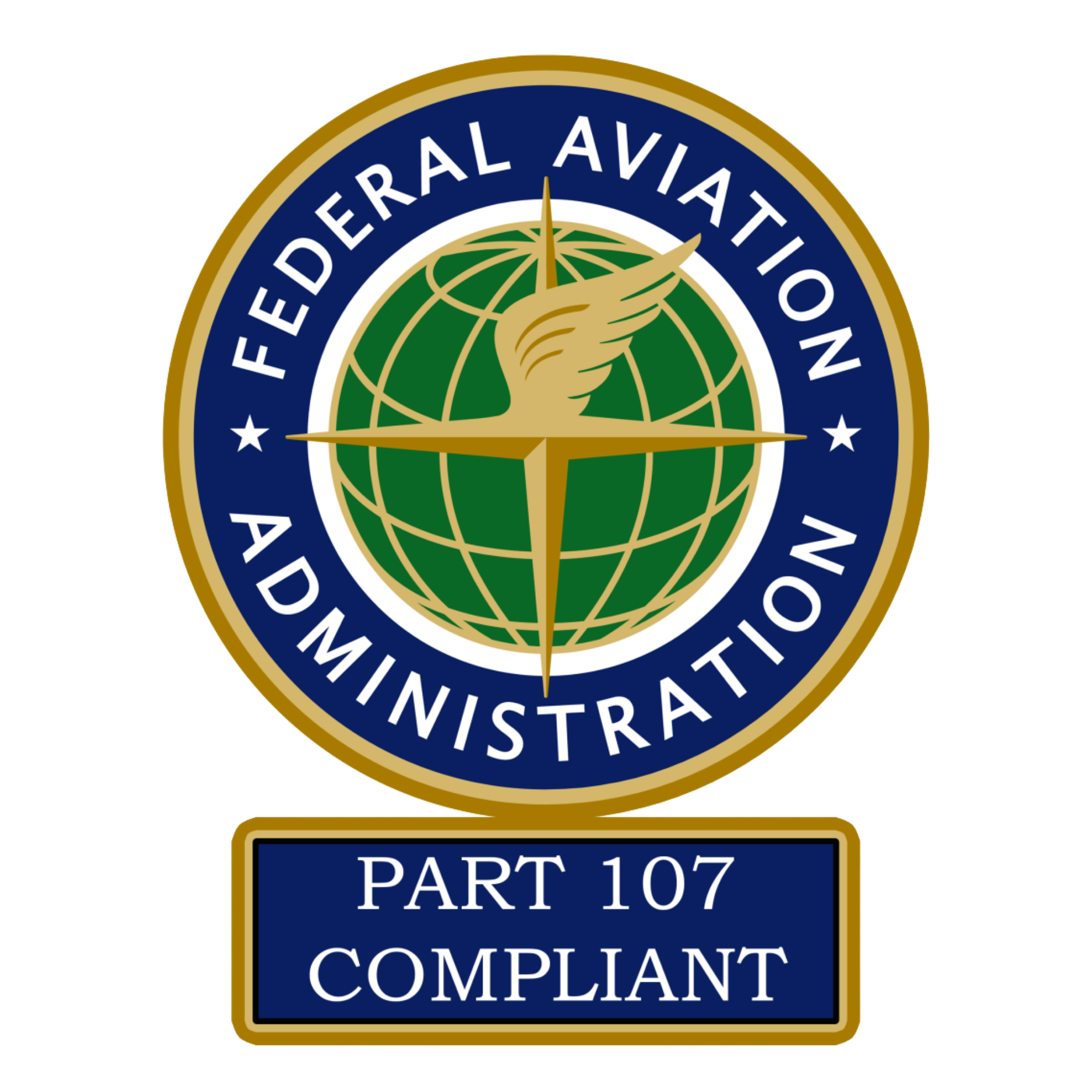 Fédération Aéronautique Internationale badge with a globe, winged emblem, and text indicating Part 107 compliance.