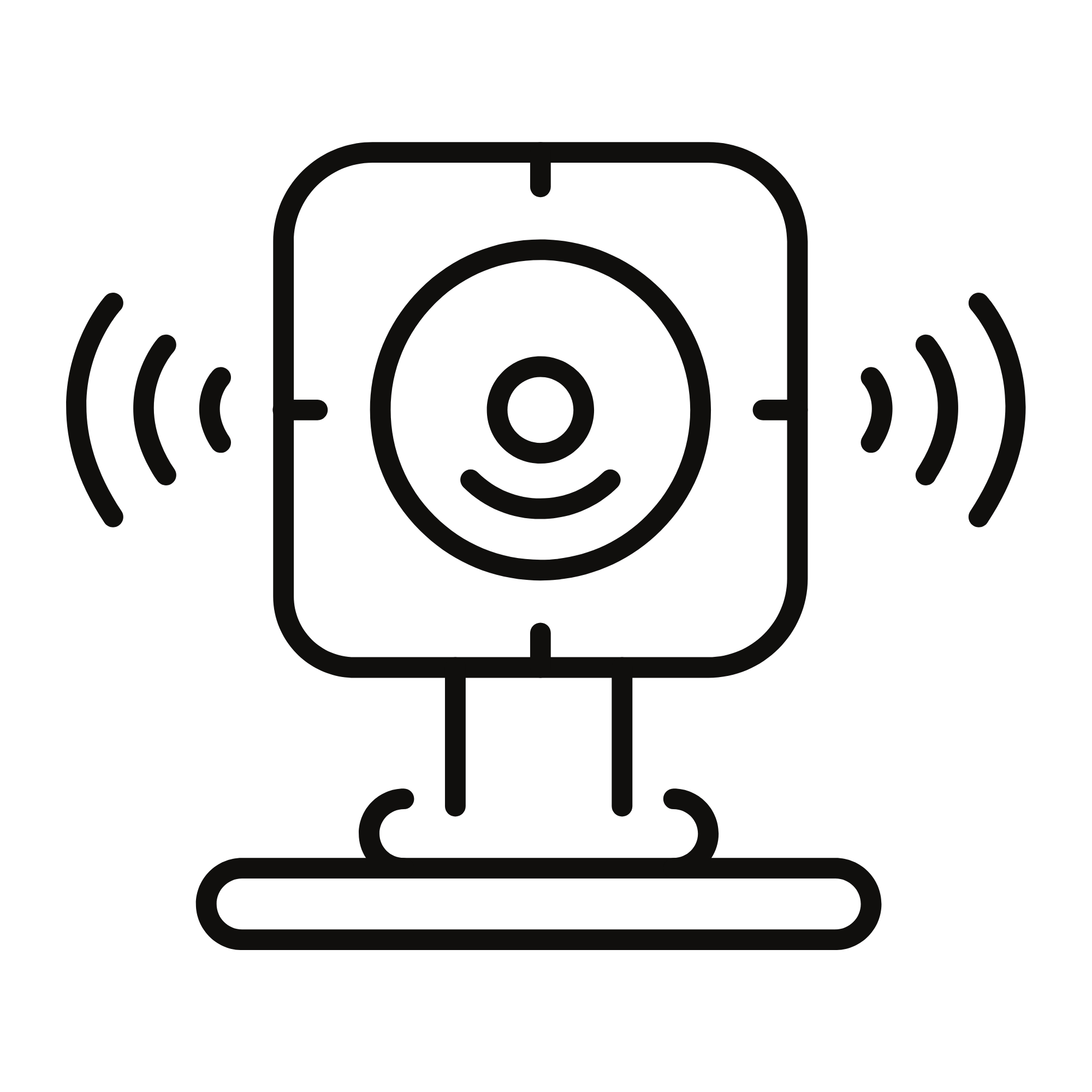 Line drawing of a wireless security camera on a stand, with Wi-Fi signal waves emitting from both sides.