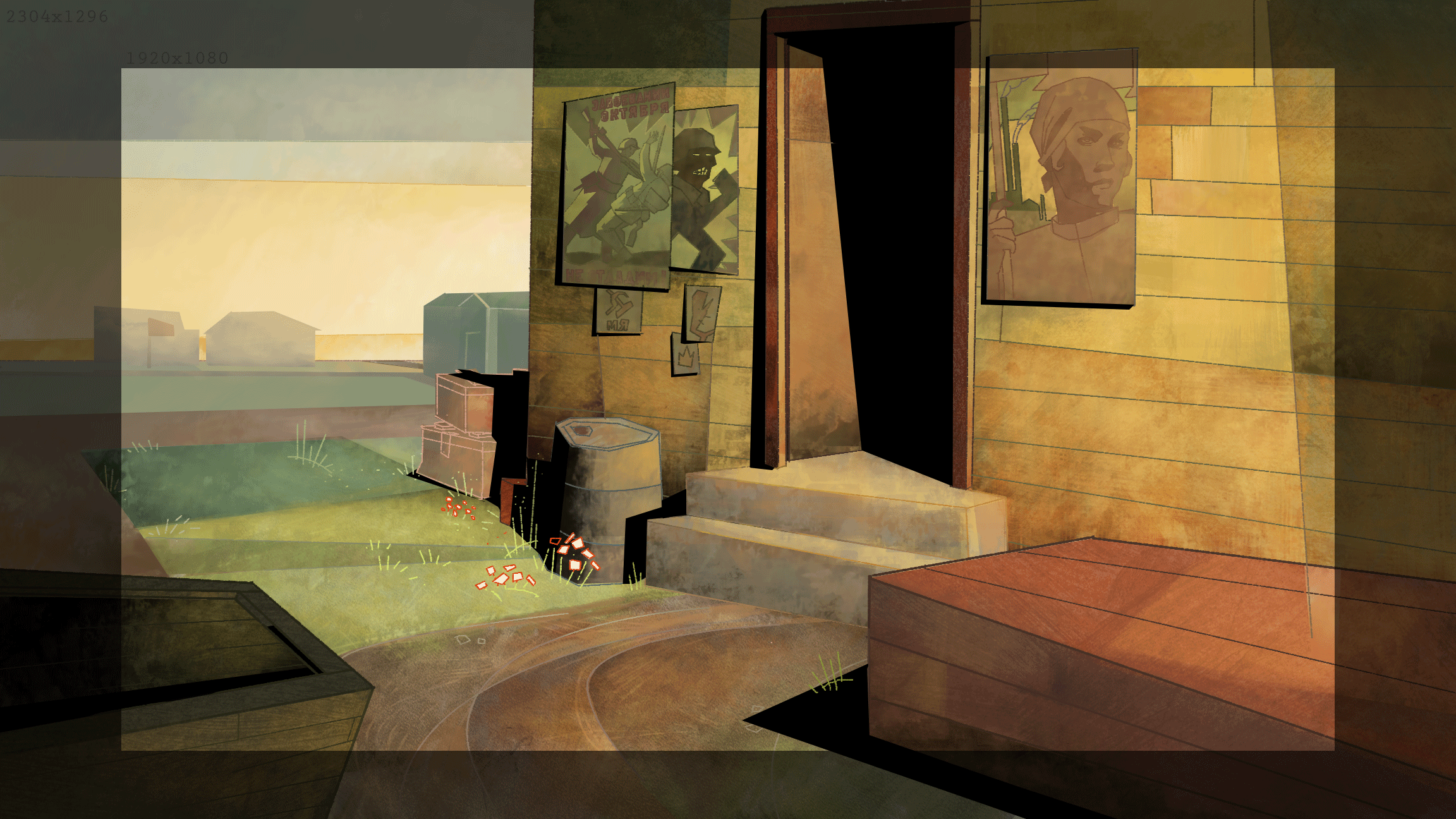 Interior scene of a wooden porch outside a building with posters on the wall, steps leading to the door, and a yard with grass and small flowers visible in the background.