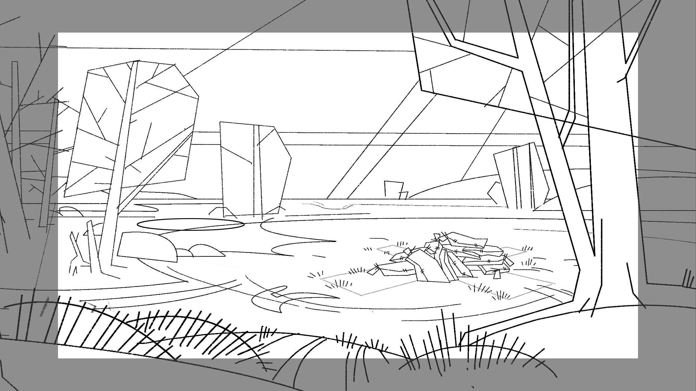 A black and white sketch of a landscape with trees.