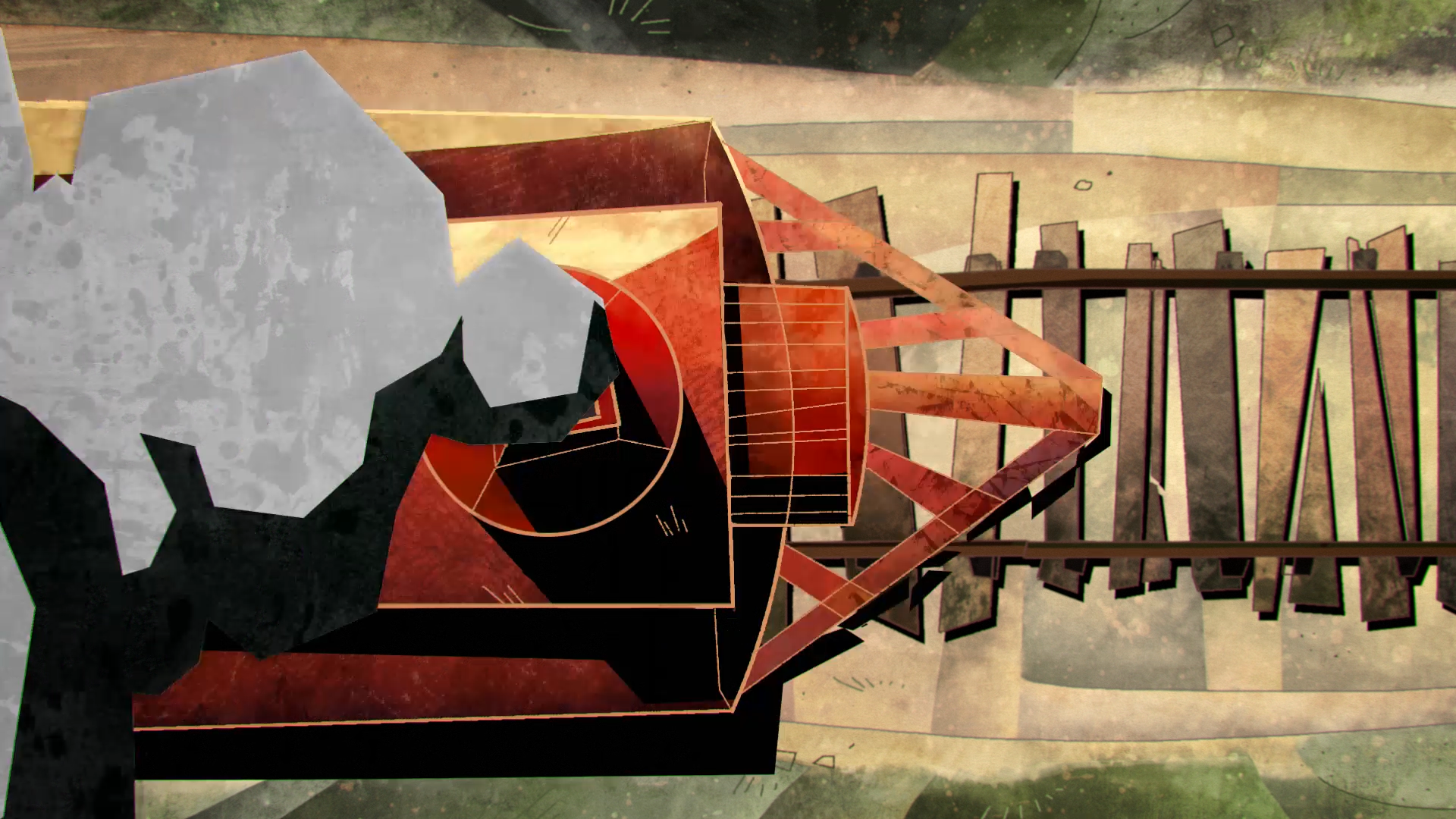 A scene from "Nachthexen" showing an aerial top view of a red steam train, going left to right og train tracks.