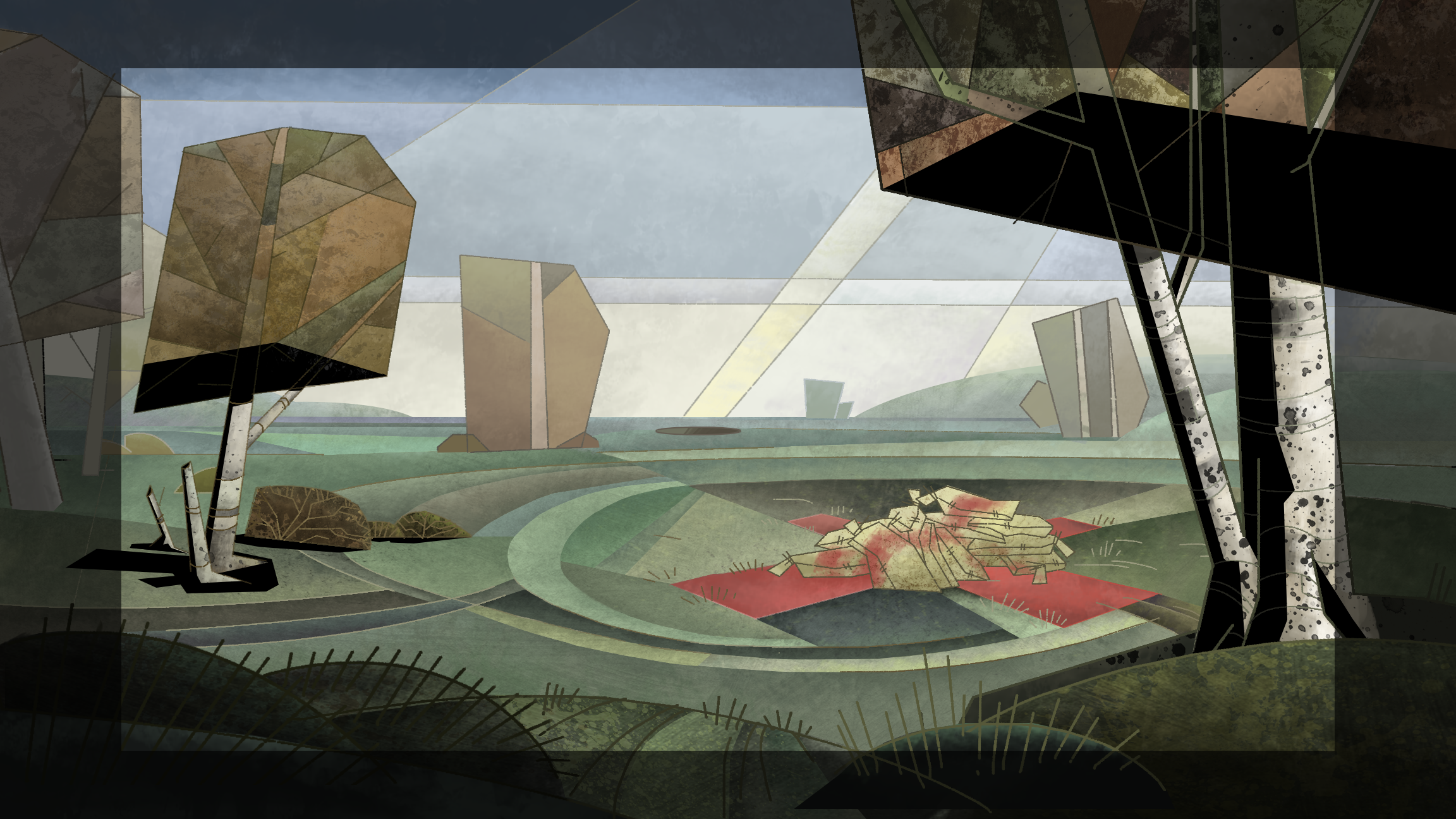 Abstract landscape with stylized trees, rocks, and grass in muted earthy tones.