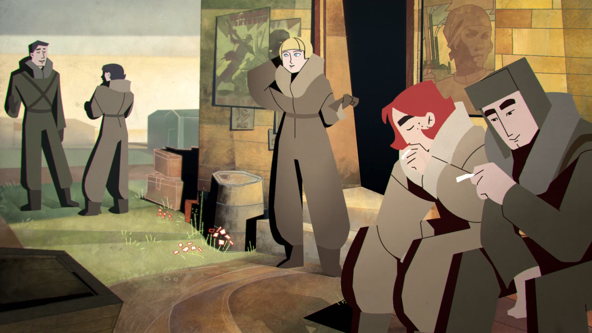 Animated scene with four characters in combat attire, two of whom are sitting and smoking while talking and smiling, and two others standing in the background near a wall with posters.