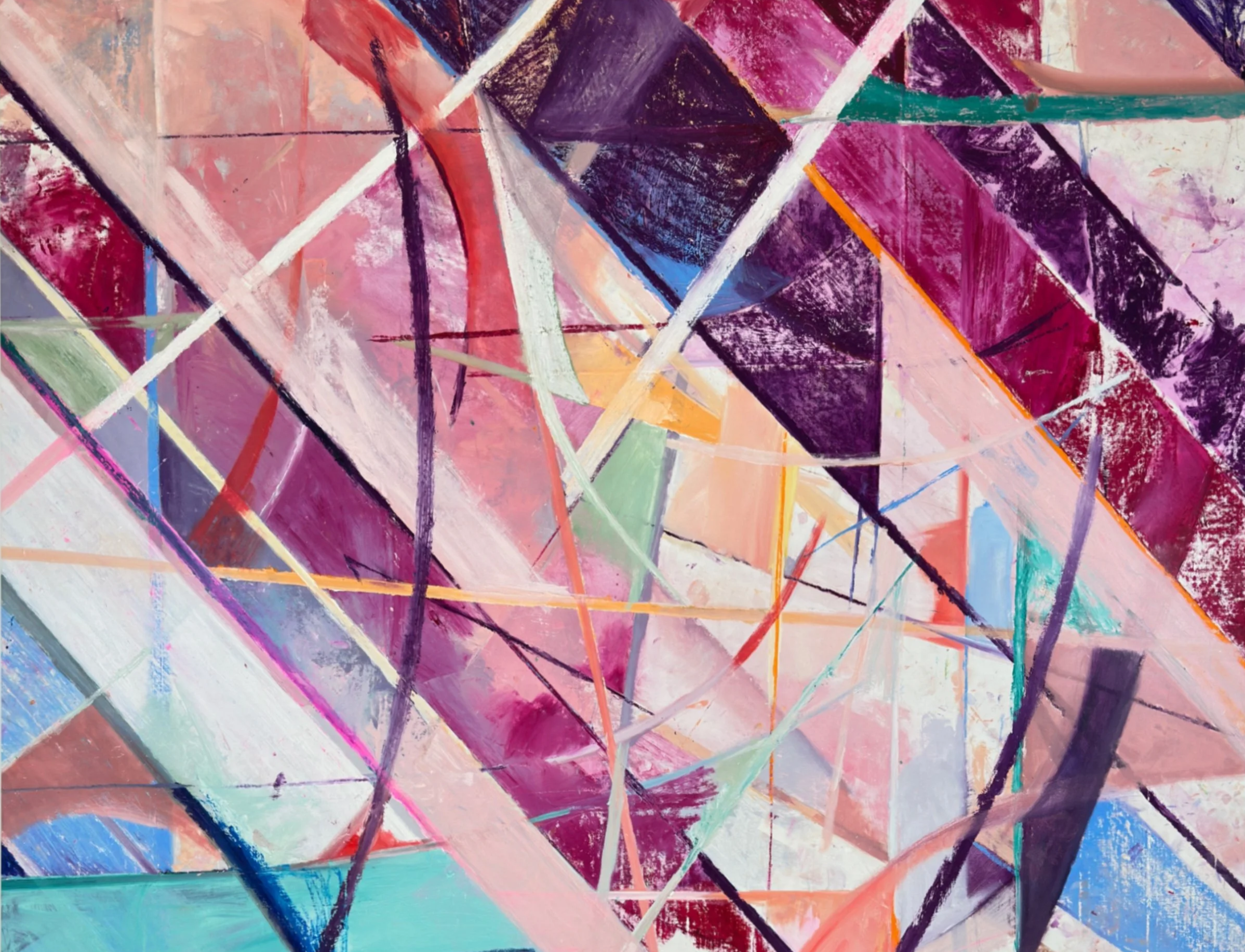 Abstract geometric painting with intersecting lines and various colors including pink, purple, blue, green, orange, and white.