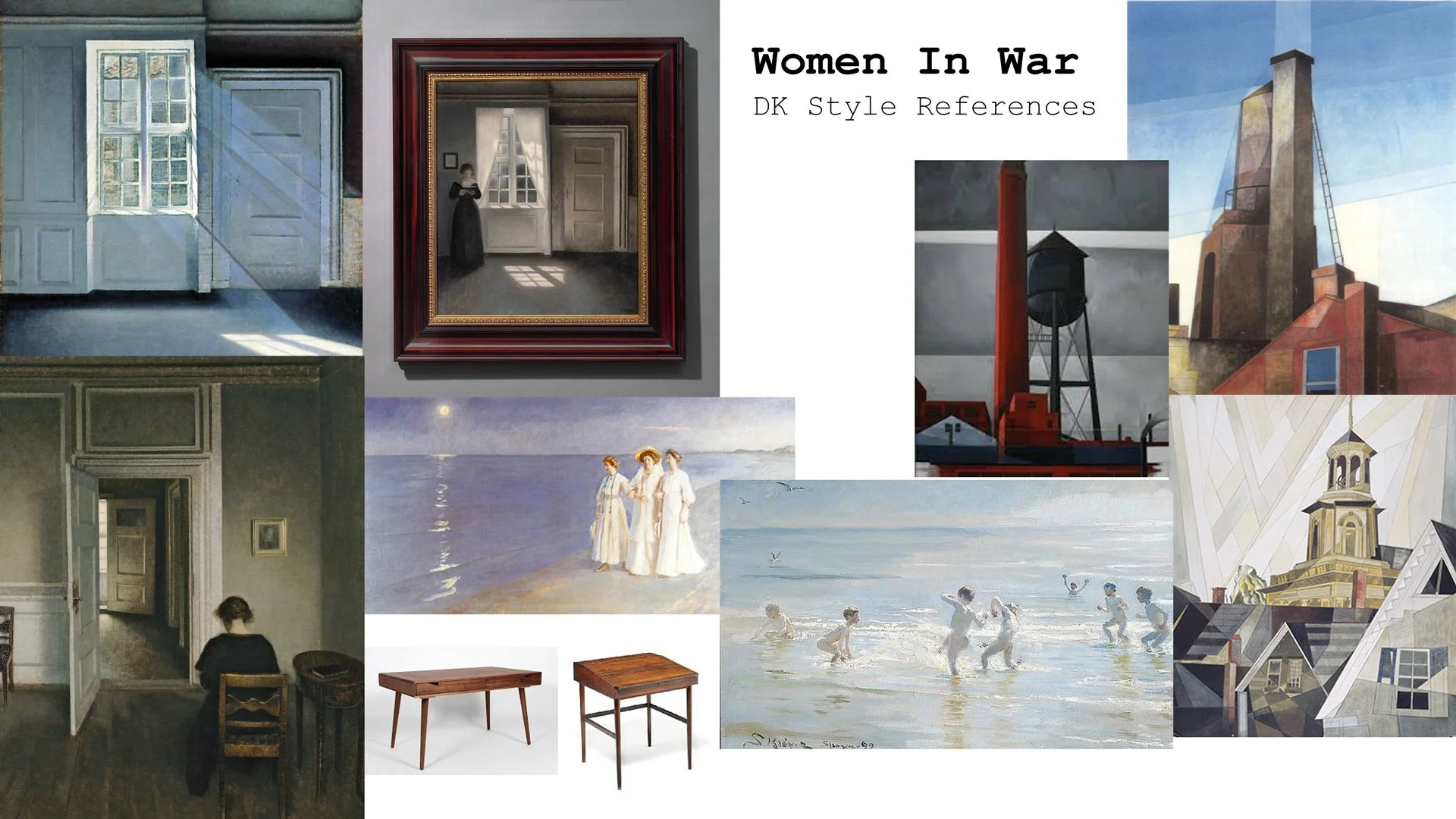 Collage of various paintings and art pieces including interior scenes, landscapes, cityscapes, and portraits, with the title 'Women In War DK Style References' in the upper right corner.