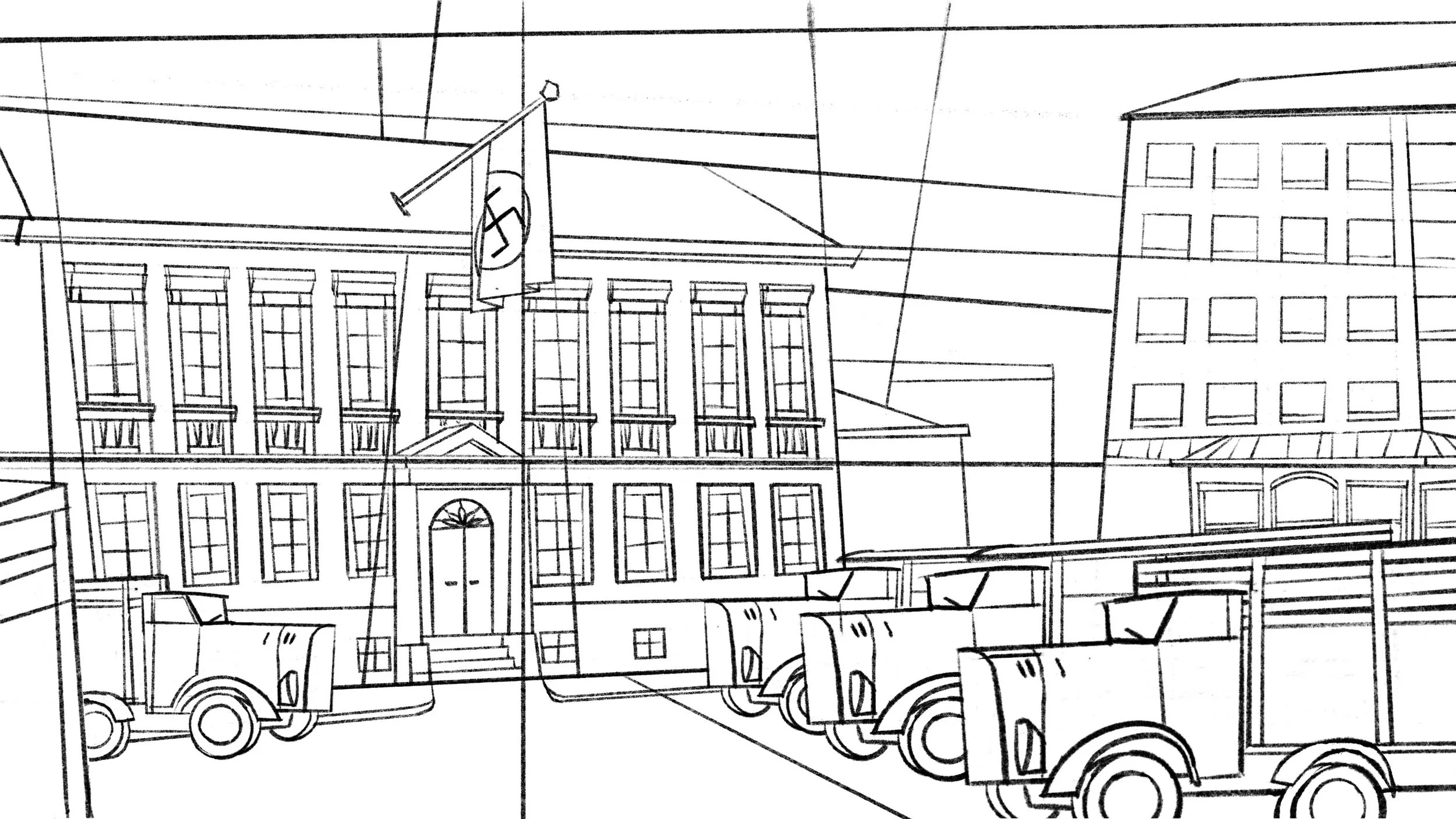 Black and white sketch of a city street in Viborg, Denmark, showing trucks parked on the side of the road, a large multi-story building with multiple windows and a flag, and other buildings in the background.