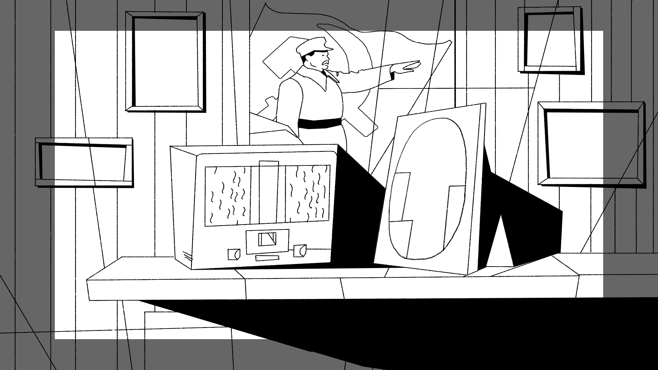 A close up black-and-white line drawing of a radio on a shelf decorated with multiple picture frames. There are multiple pictures hanging on the wall behind.