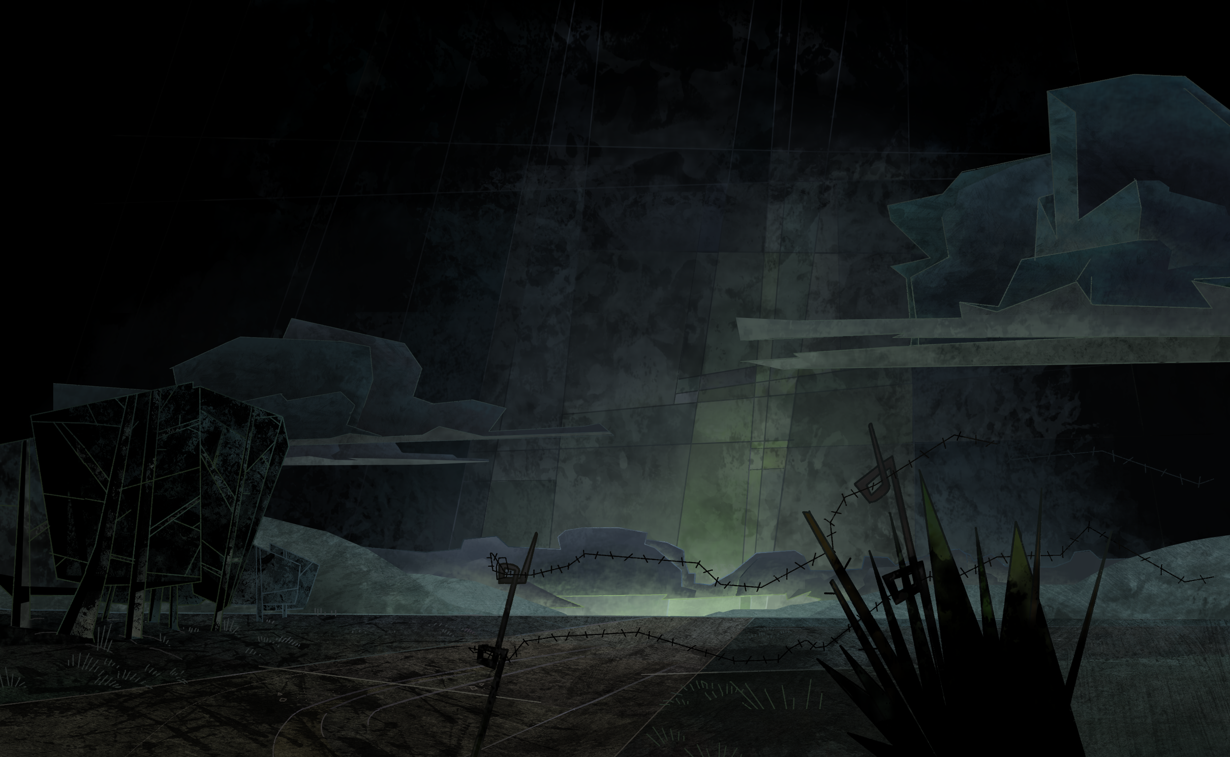 Dark, stylized digital landscape with ominous clouds, barren trees, and barbed wire fencing.