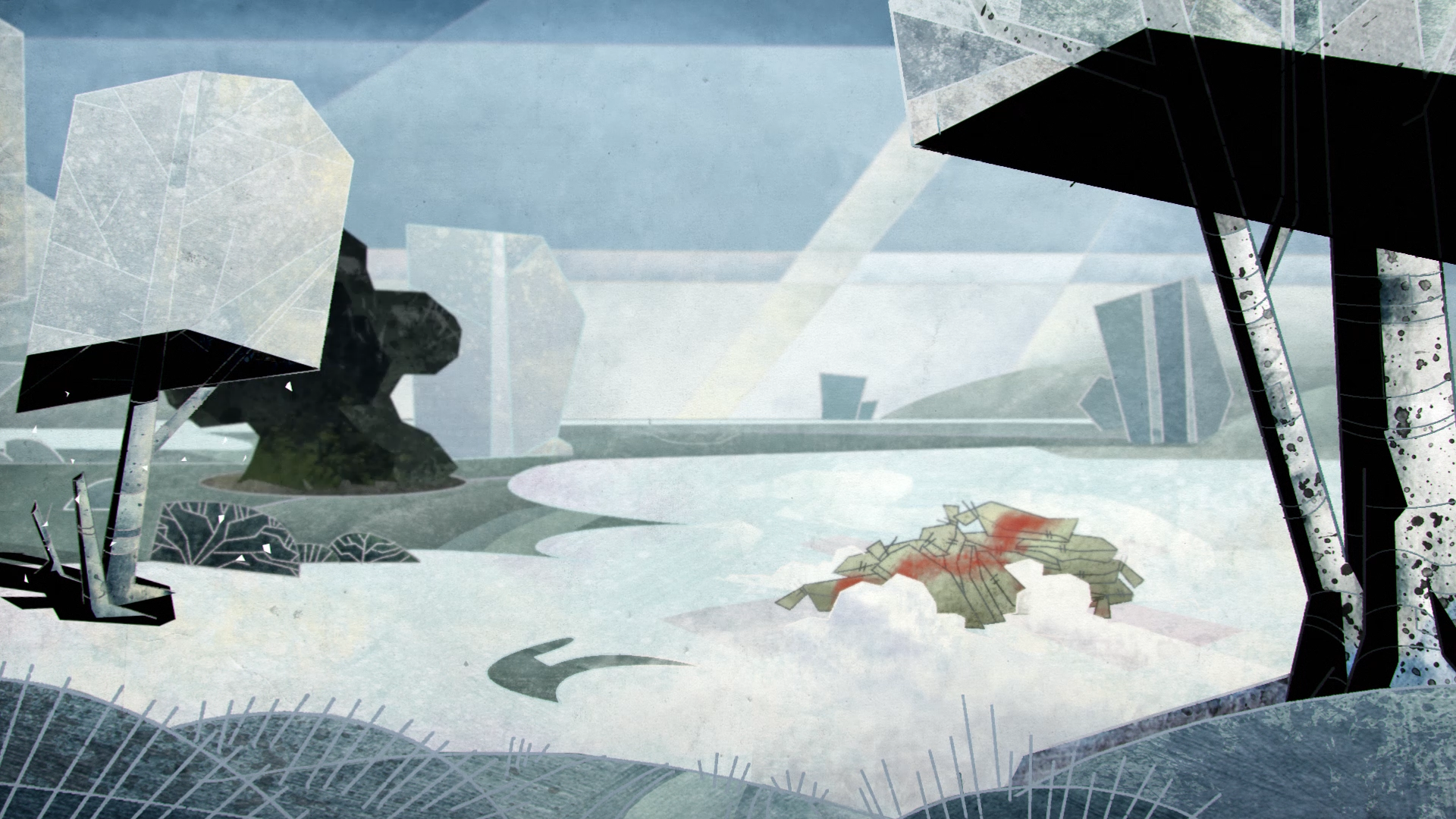 Abstract landscape with stylized trees, rocks in winter. Colours are white and blue and muted green. Distant trees in the background.