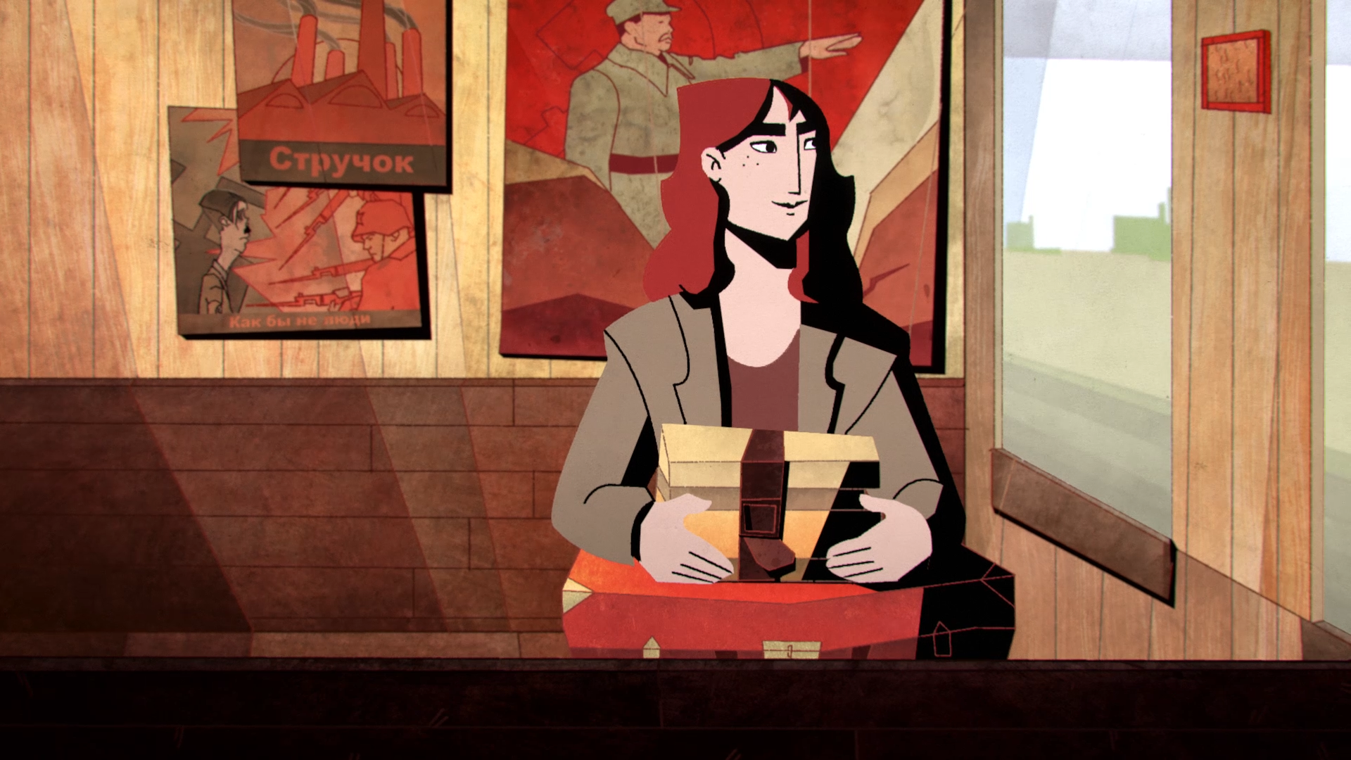 Animated woman with red hair sitting in a wood paneled train cart . She´s holding 3 books wrapped with a leather strap. There´s Soviet propaganda posters on the wall.