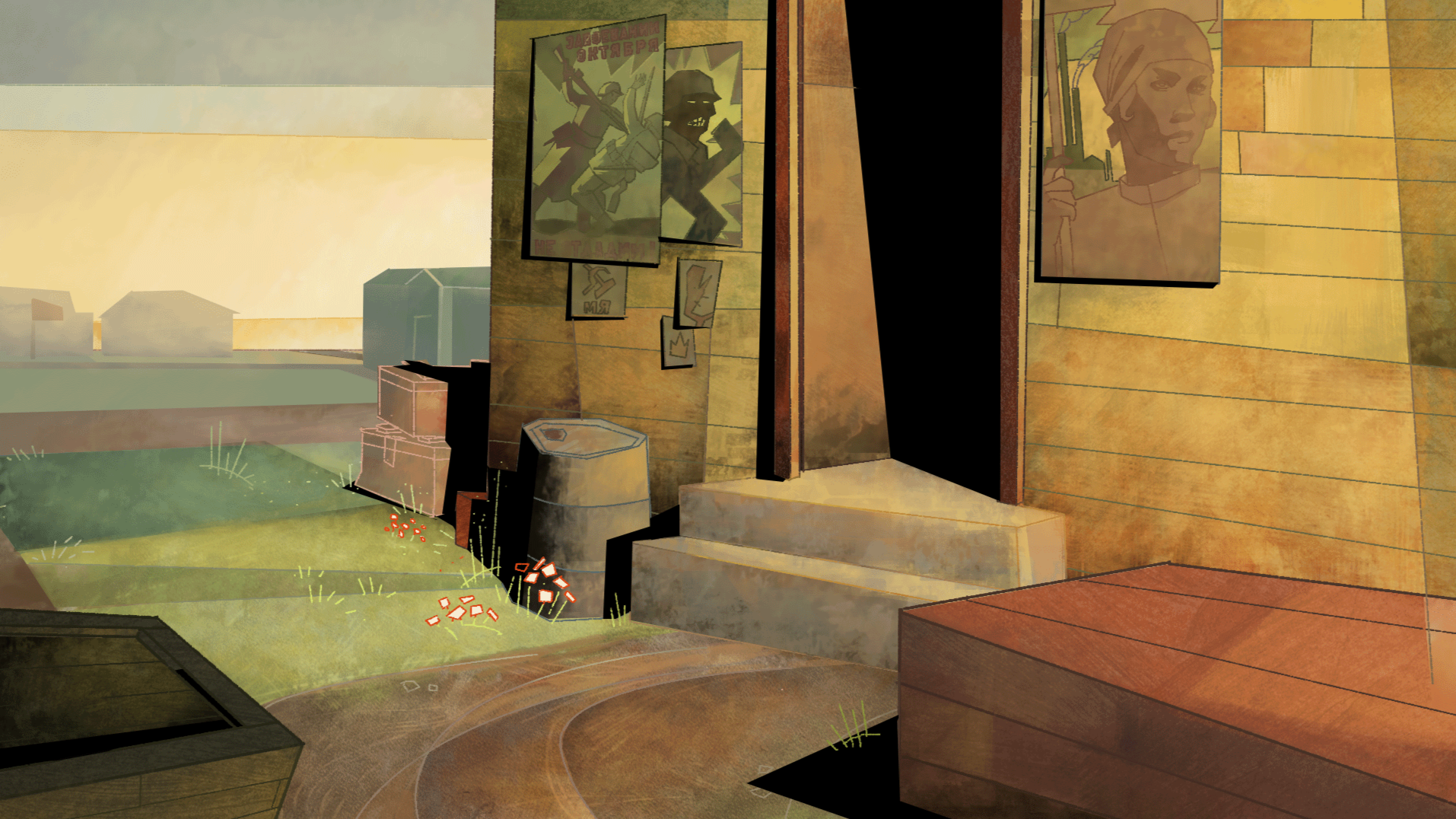 A scene from "Nachthexen". A stylised painting of an army barrack up close with posters on the wall, including one of a woman holding a gun.