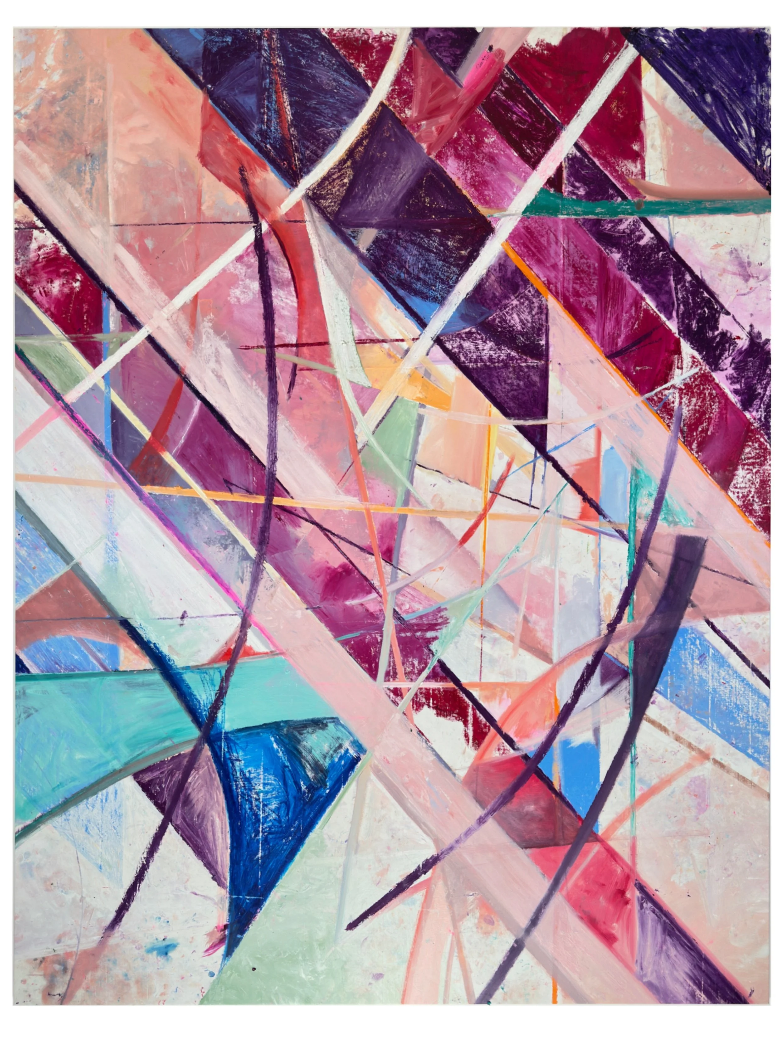 Nadia Ørneborg´s abstract painting "Courage" from her first solo exhibition "Beginning Again". The painting has intersecting colourful lines and shapes in pink, purple, blue, green, peach, and orange hues.