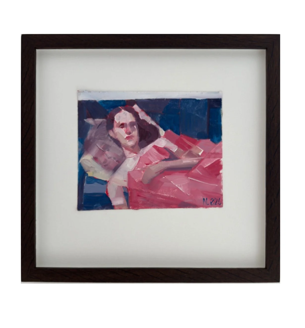"Resting Lady nr.01" 
26x25 cm. Oil paint on canvas.

Available. 
Email: nadia.oerneborg@gmail.com for inquiries.