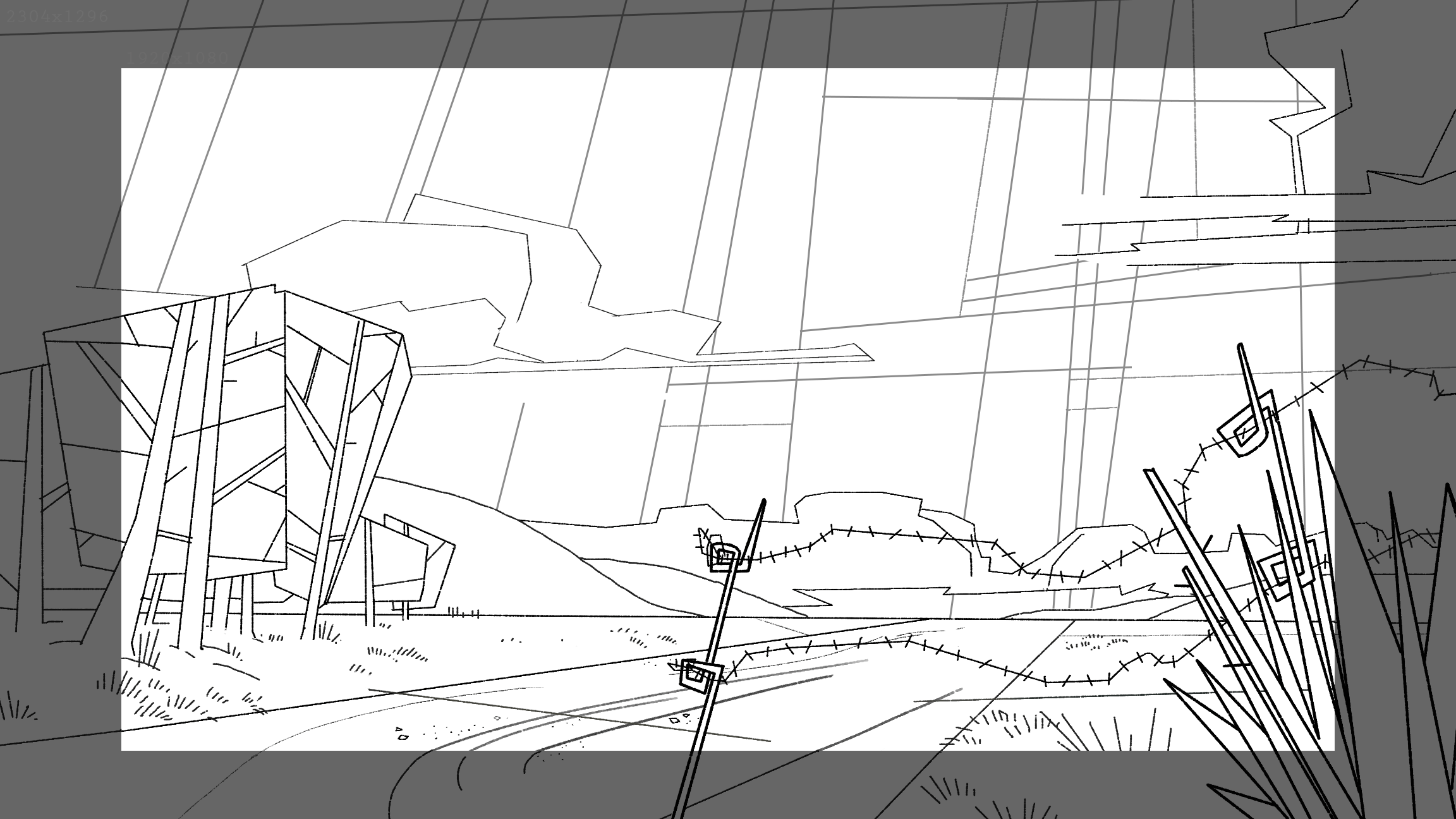 Line drawing of a stylized digital landscape with ominous clouds, barren trees, and barbed wire fencing.