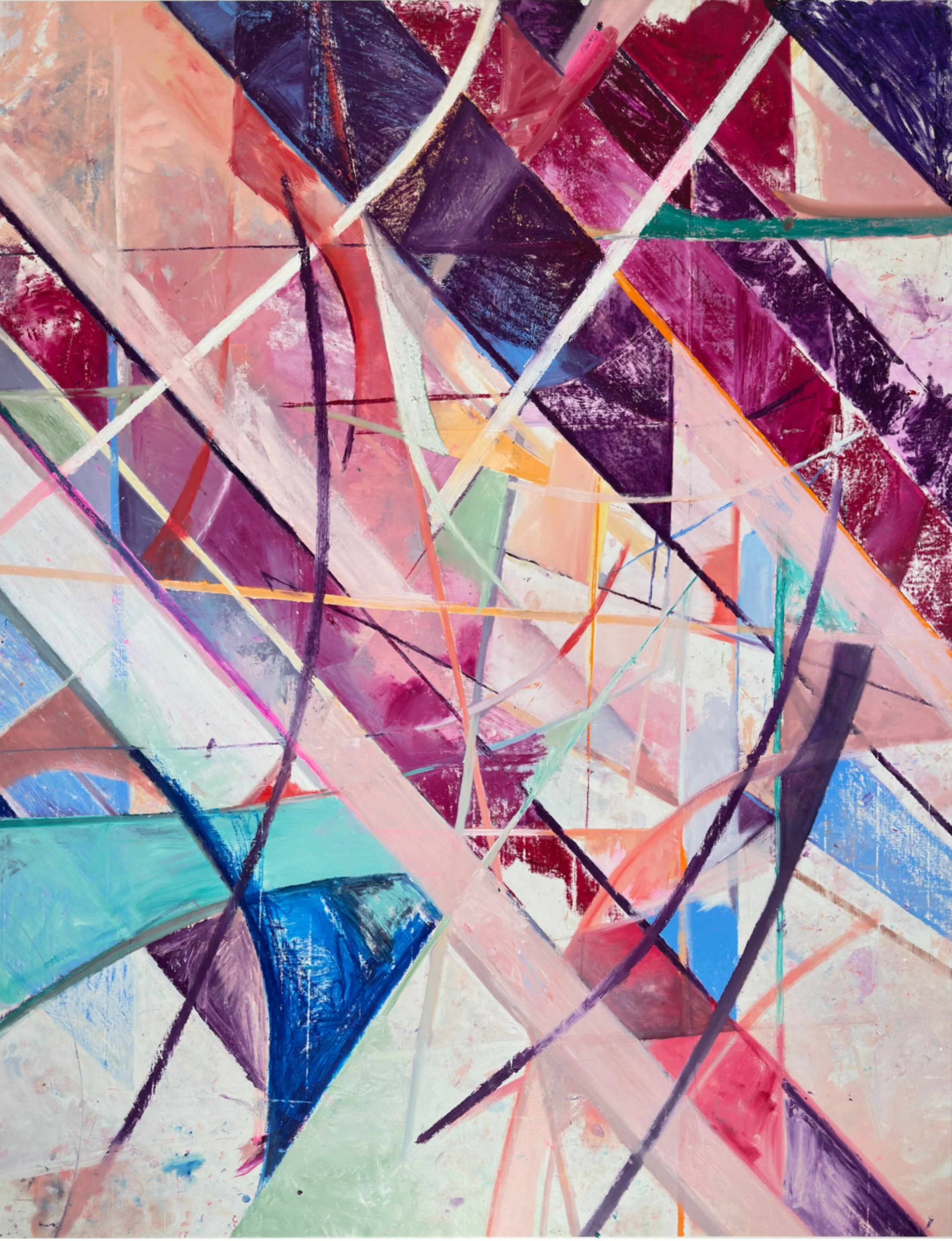 Abstract colorful painting with intersecting lines and geometric shapes in shades of pink, purple, blue, green, and orange.