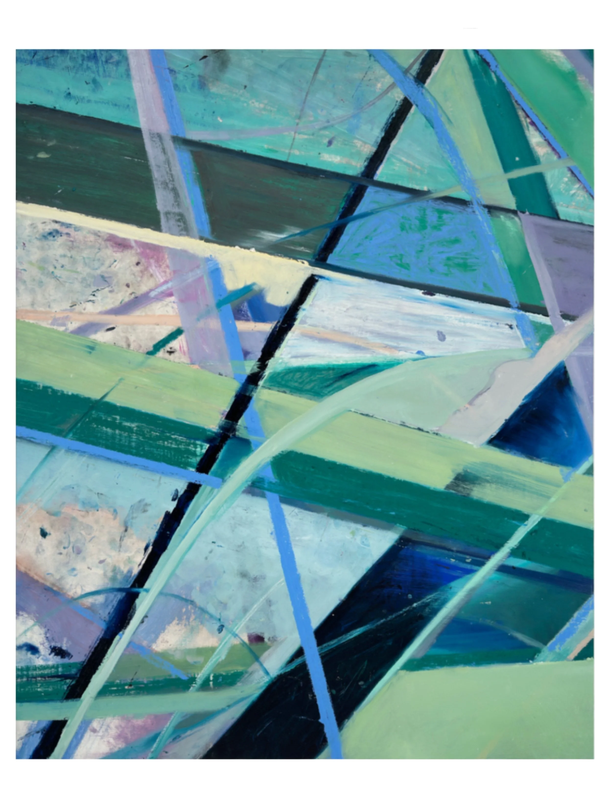 Abstract painting with intersecting lines and geometric shapes in shades of green, blue, black, and white.