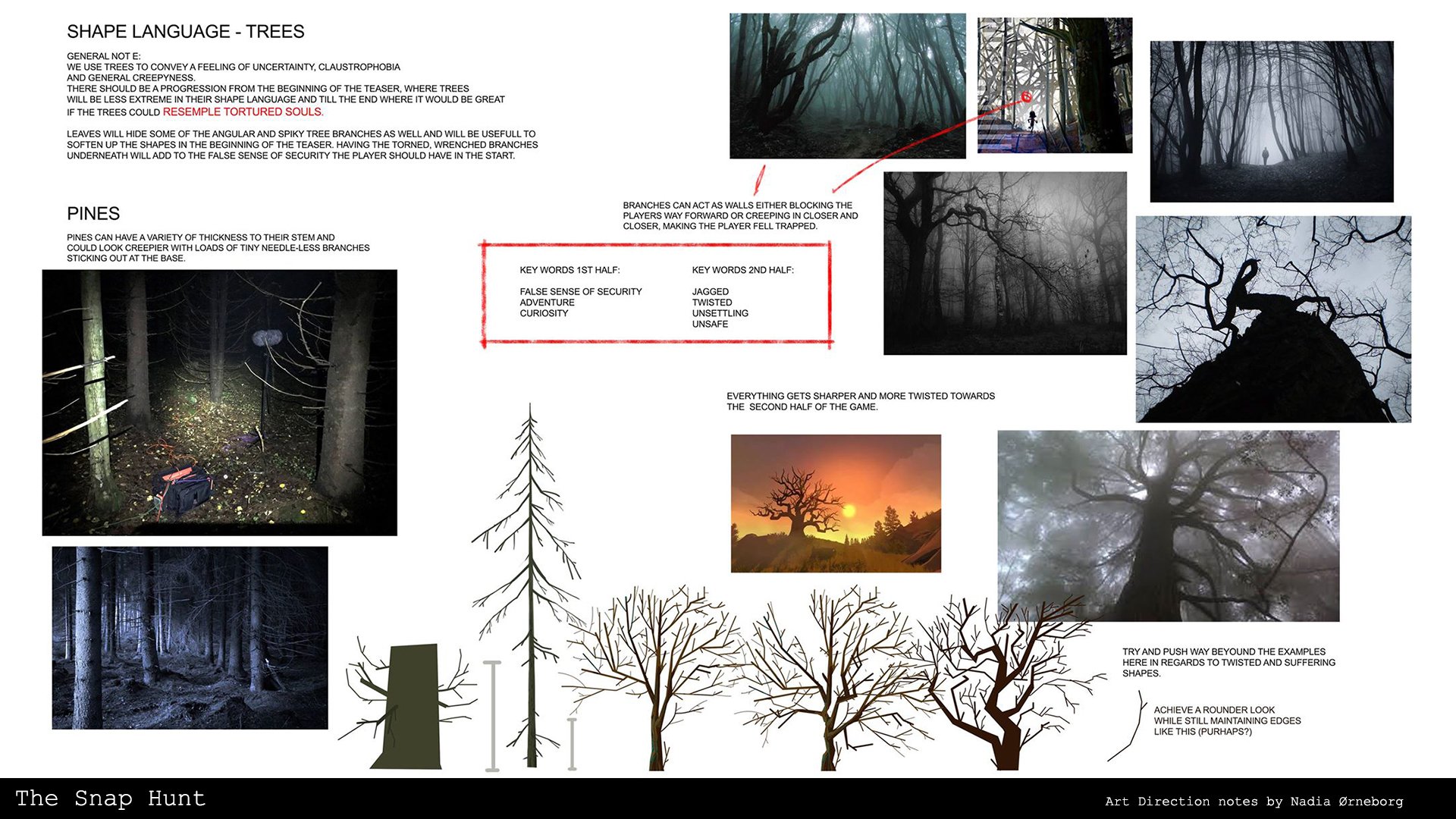 A detailed diagram and notes on trees for a game called The Snap Hunt, including tree shapes, branches, and key thematic words such as false sense of security, adventure, curiosity, jagged, twisted, unsettling, and unsafe. The image features both pho