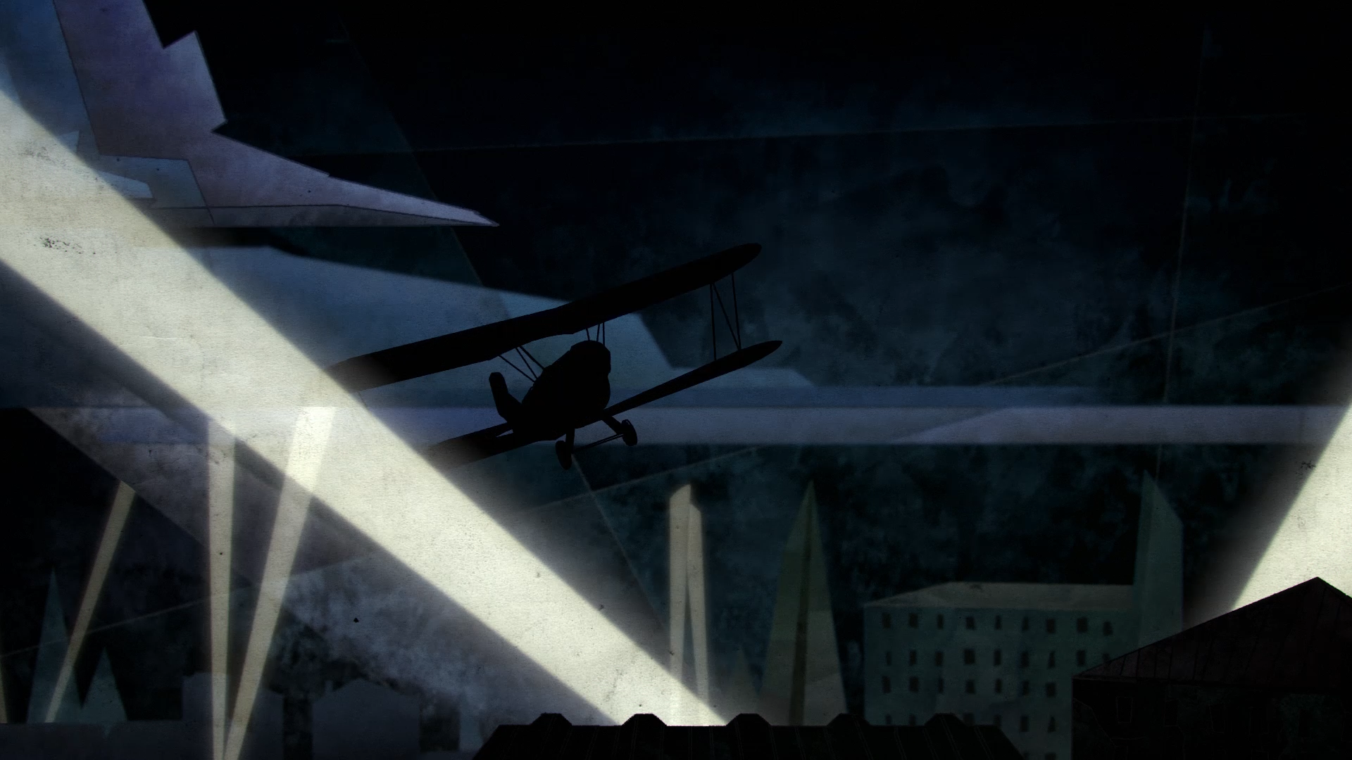 Silhouette of a small airplane flying over a cityscape with tall buildings, under a dark sky with diagonal white search lights.