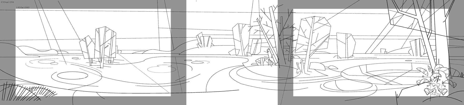 Drawing of a landscape with trees, and hills in the background, sketched with simple lines.