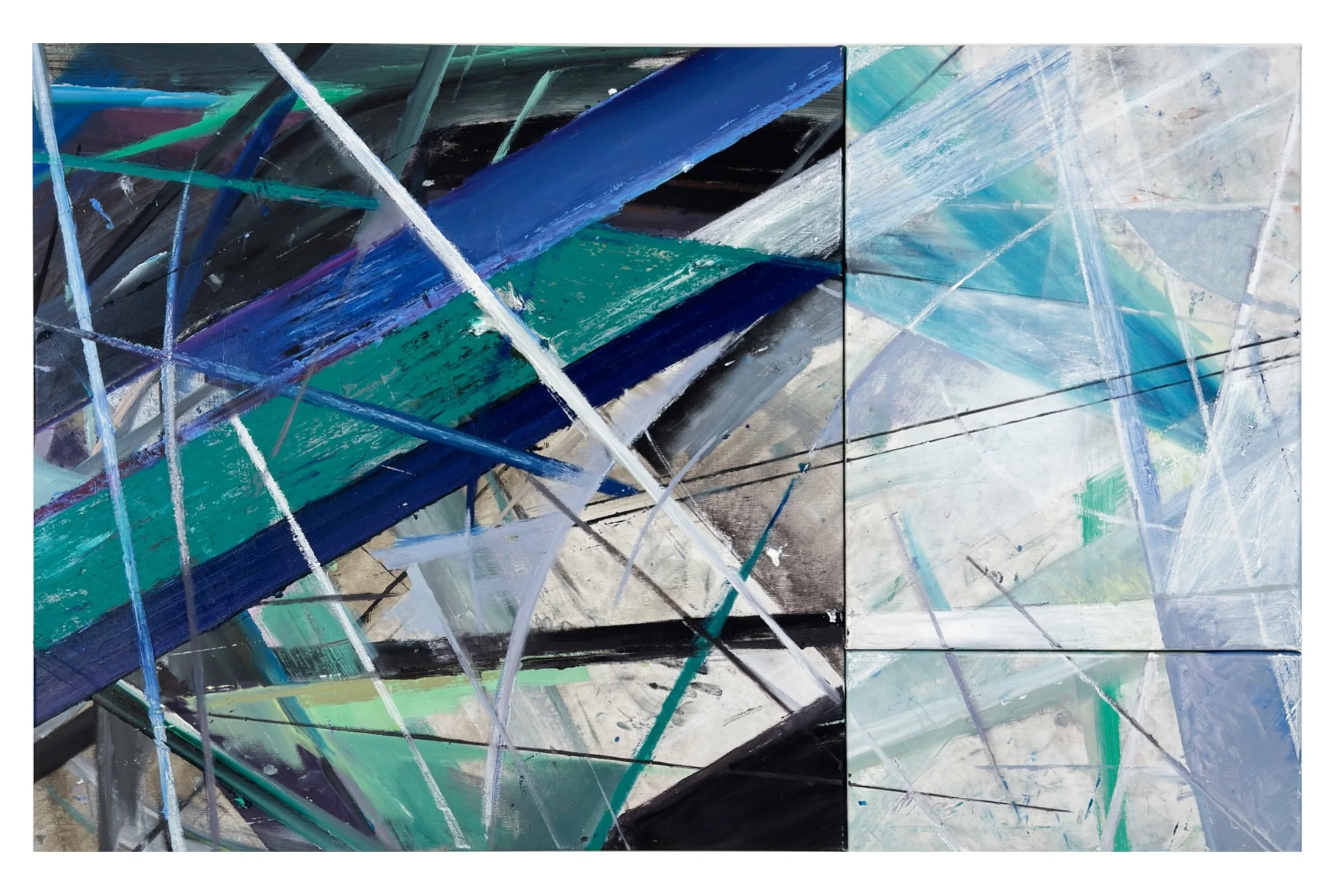 Nadia Ørneborg´s abstract painting "From One Moment To The Next" from her first solo exhibition "Beginning Again". A painting with intersecting lines and shapes in shades of blue, green, black, white, and gray. 