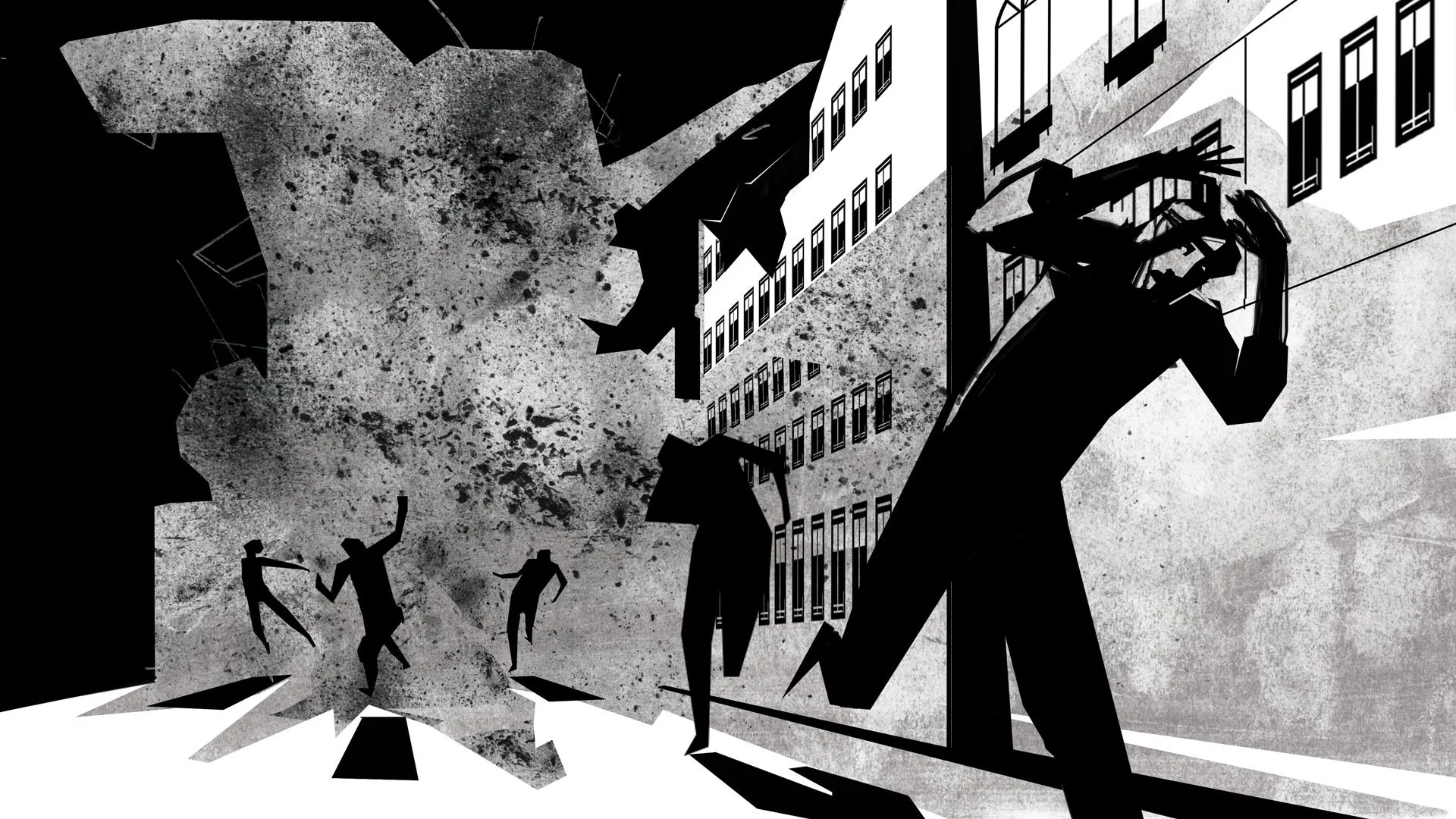 Black and white illustration of a city streets exploding in smoke and debris, and silhouetted people running away towards the foreground. 