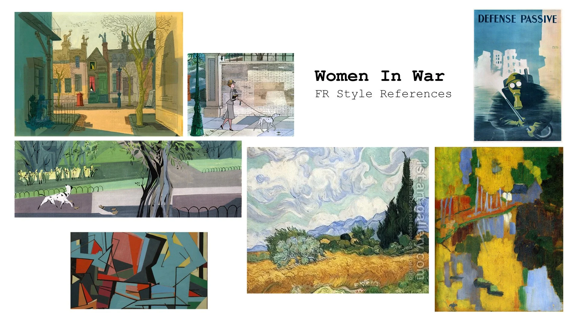 A collage of multiple paintings with the title "Women In War FR Style References." The paintings include a cityscape with houses and trees, a woman walking a dog, a soldier in a gas mask, a park scene with a Dalmatian, a landscape with hills and clou