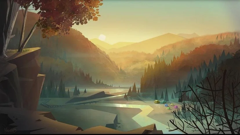 Digital illustration of a peaceful river landscape at sunrise, with mountains in the background, evergreen trees, and a small tent on the riverbank.