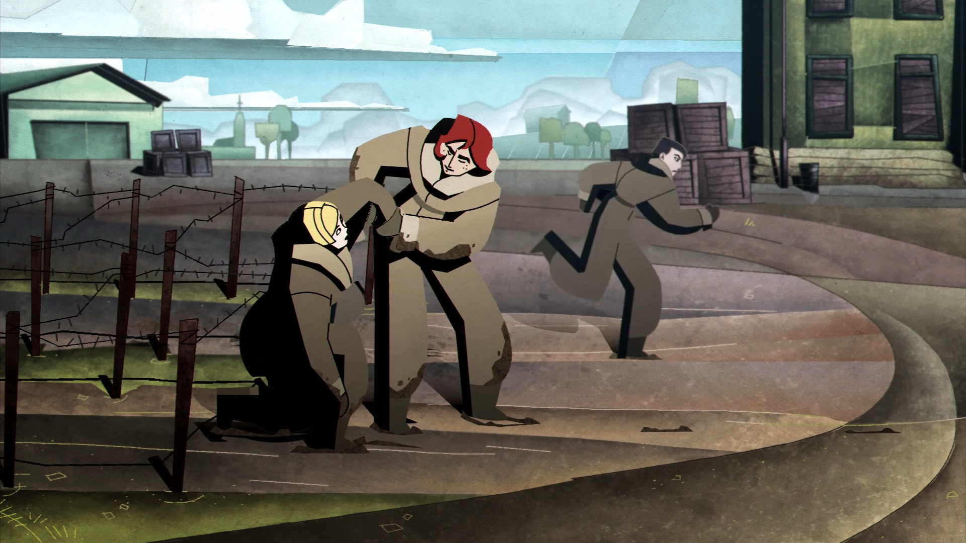 Animated scene with a woman helping another soldier kneeling on the ground, as a third woman soldier is running past during training. Barbed wire obstacle course and houses in the background.