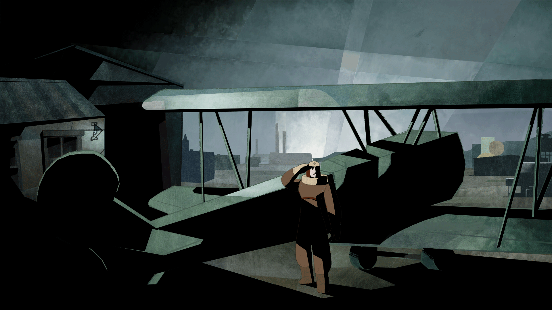 A digital illustration of a woman in vintage military uniform saluting next to a green biplane on an airfield with an industrial cityscape in the background.