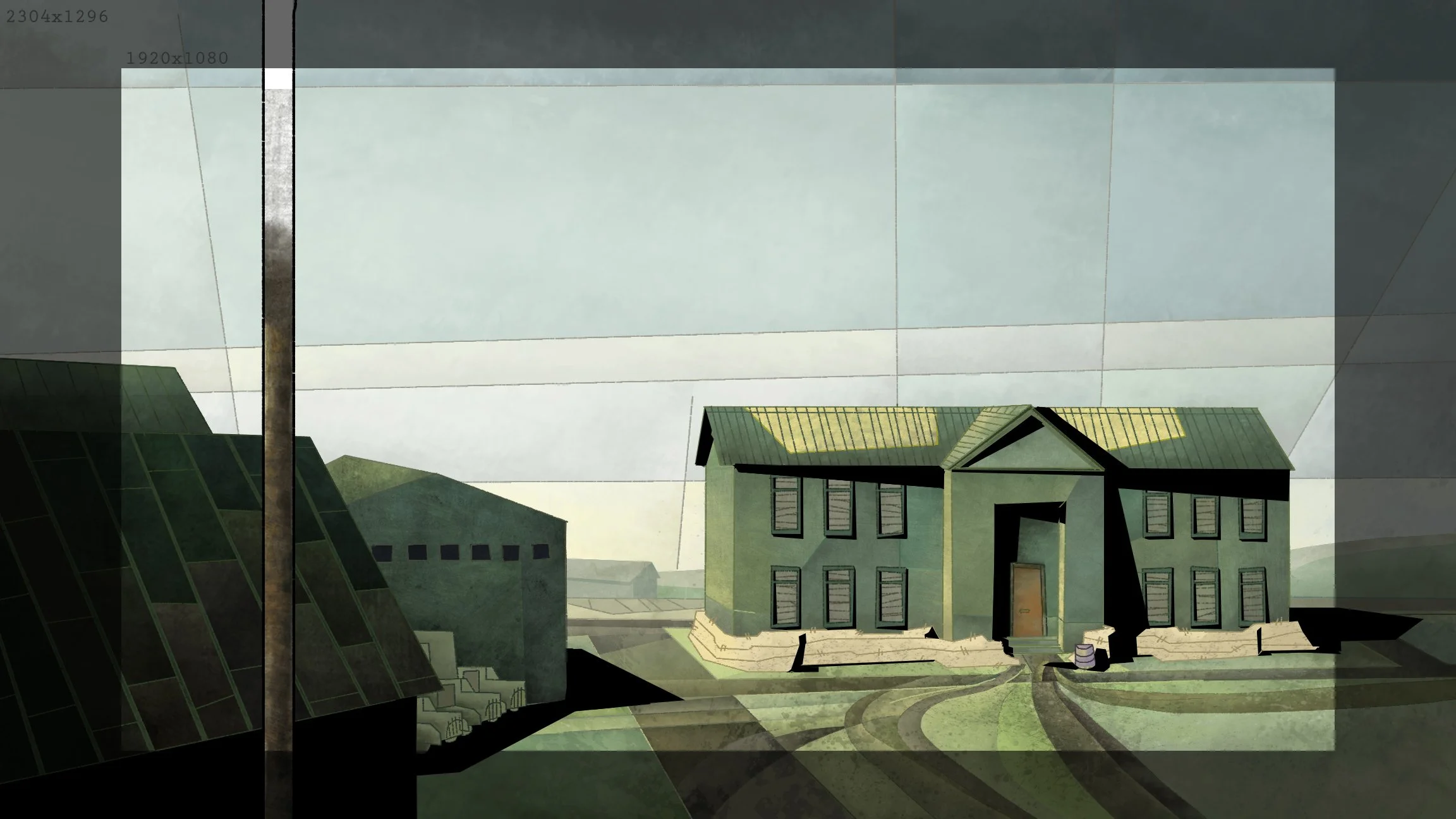 Digital illustration of an army base in green, surrounded by other buildings, with a cloudy sky in the background.