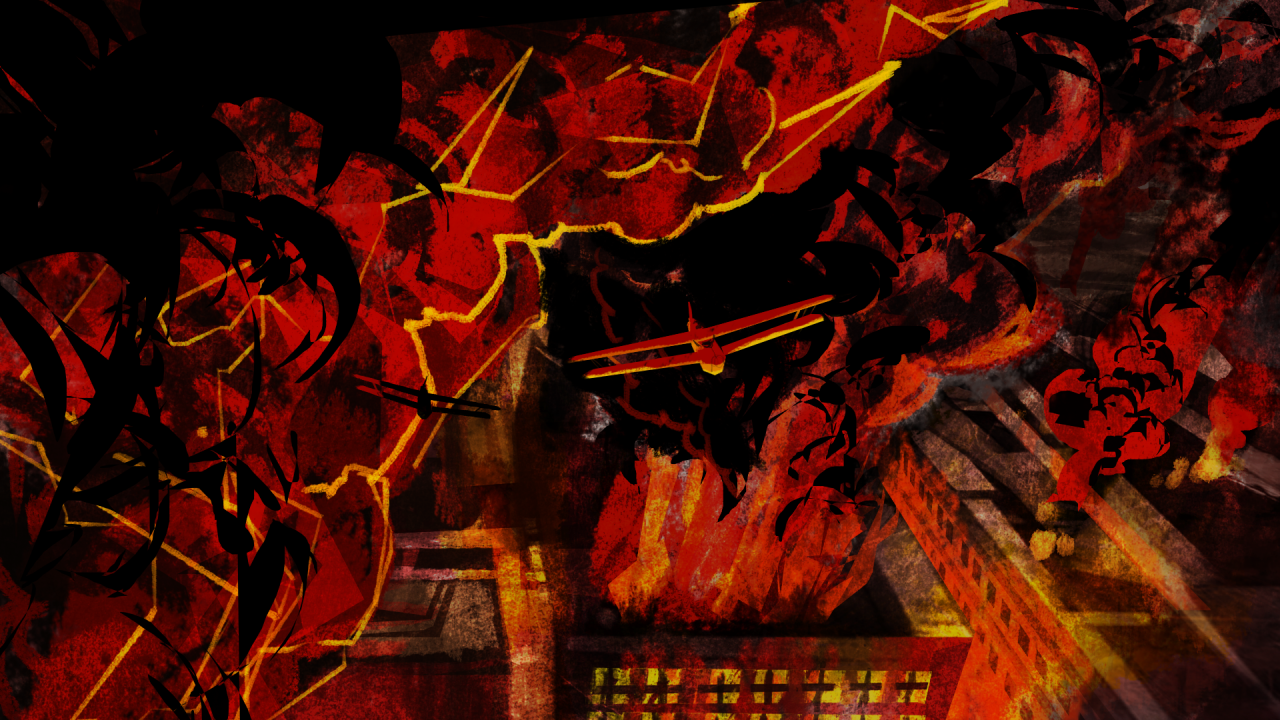 A digital painting of a city scene with fire and smoke and a dark silhouettes of a biplane in the middle of the frame, in reds, oranges and black.