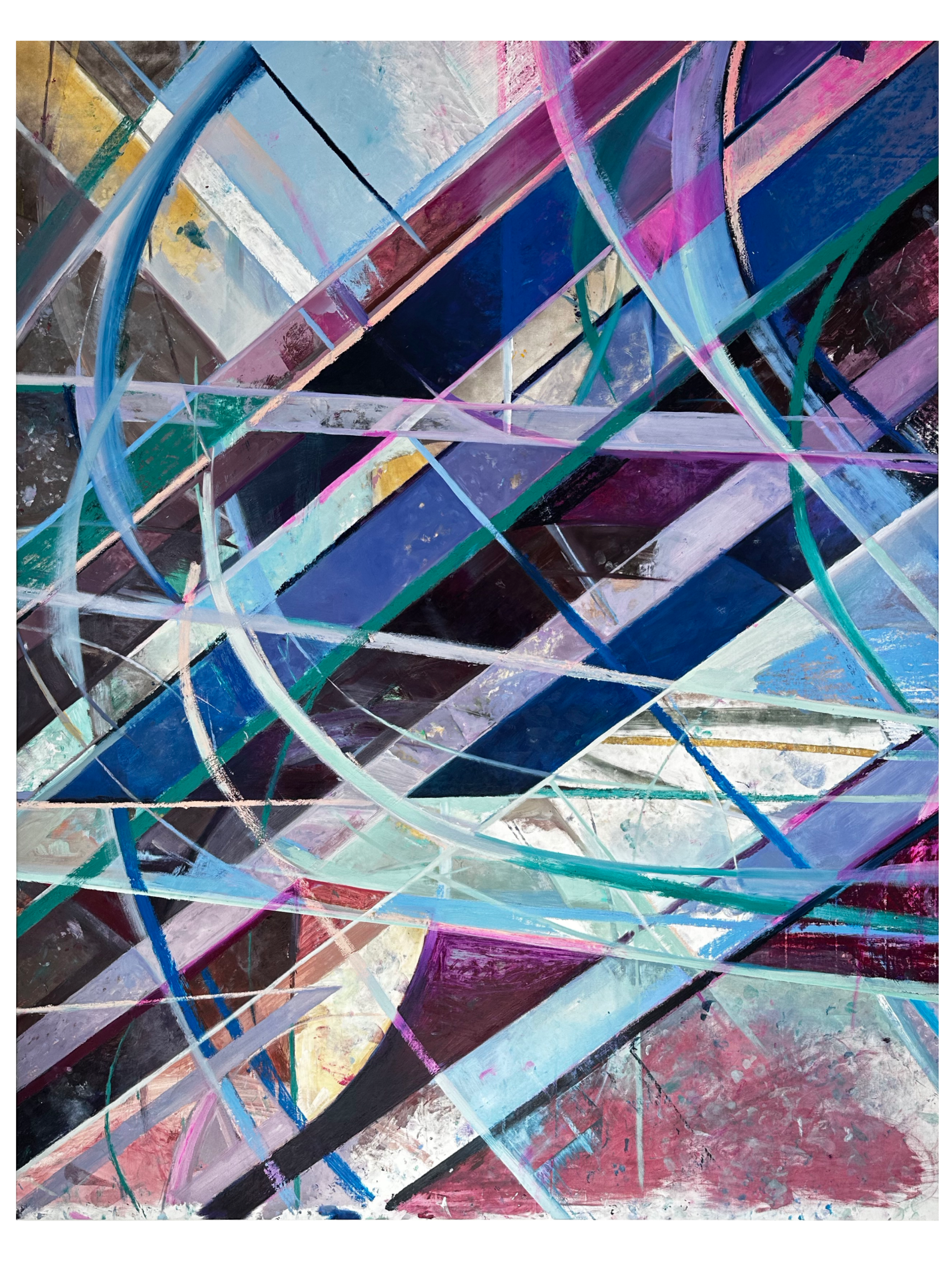 Abstract painting with intersecting colorful lines and shapes including shades of blue, purple, pink, black, white, and yellow.