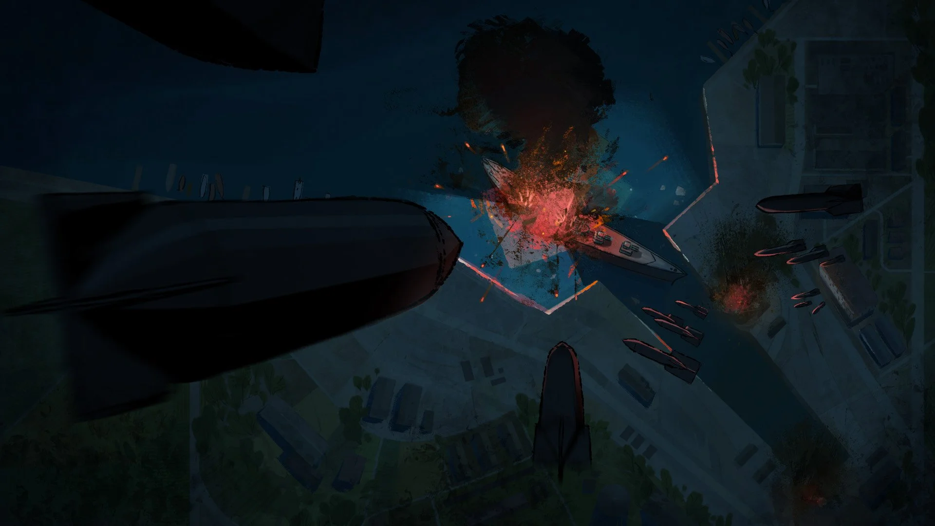 A dark blue night scene of a warship being hit by a bomb in the port of Brest, France. With a pink explosion. Birds eye view and dark bombs falling in the foreground.