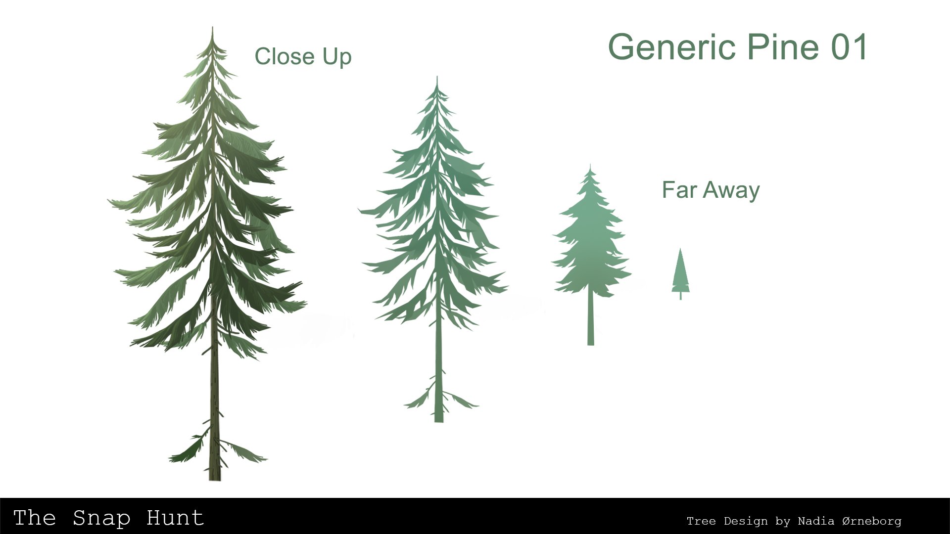 Diagram showing the size differences among three evergreen trees labeled 'Close Up,' 'Generic Pine 01,' and 'Far Away,' with the 'Close Up' tree being the largest and the 'Far Away' tree being the smallest.