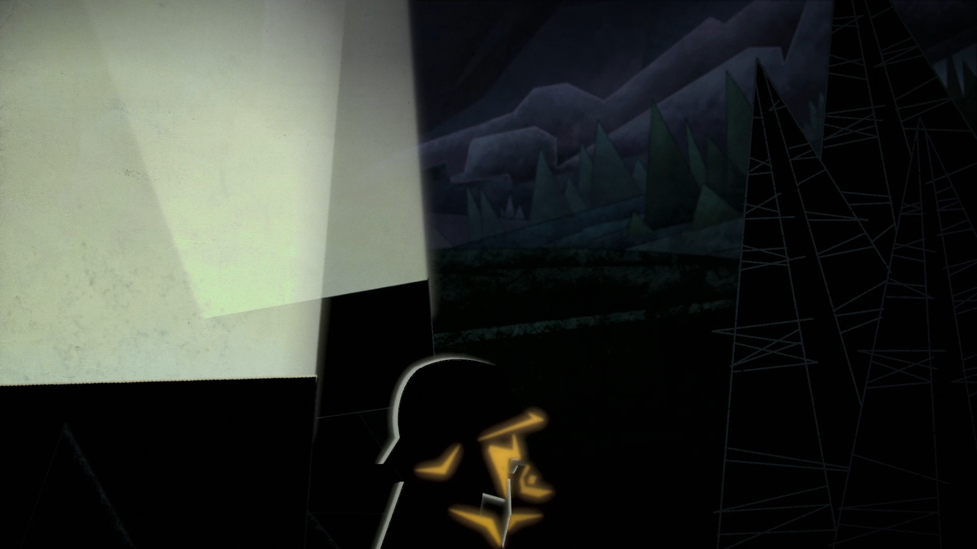 An animated scene of a German soldier smoking in the dark as he tends two light projectors. His face is lit up when he turns on a cigarette with a lighter.
