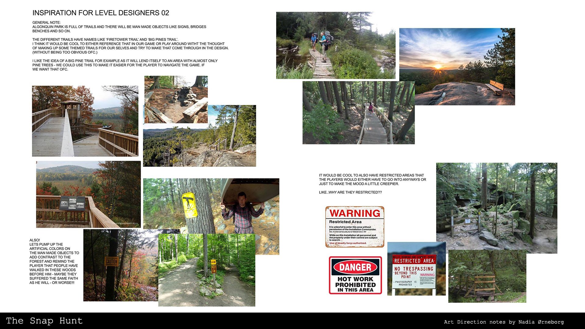 A collage of outdoor trail scenes at Algonquin Park with hiking paths, scenic views, trees, and warning signs. Includes images of people hiking, forest landscapes, and trail infrastructure like bridges and benches.