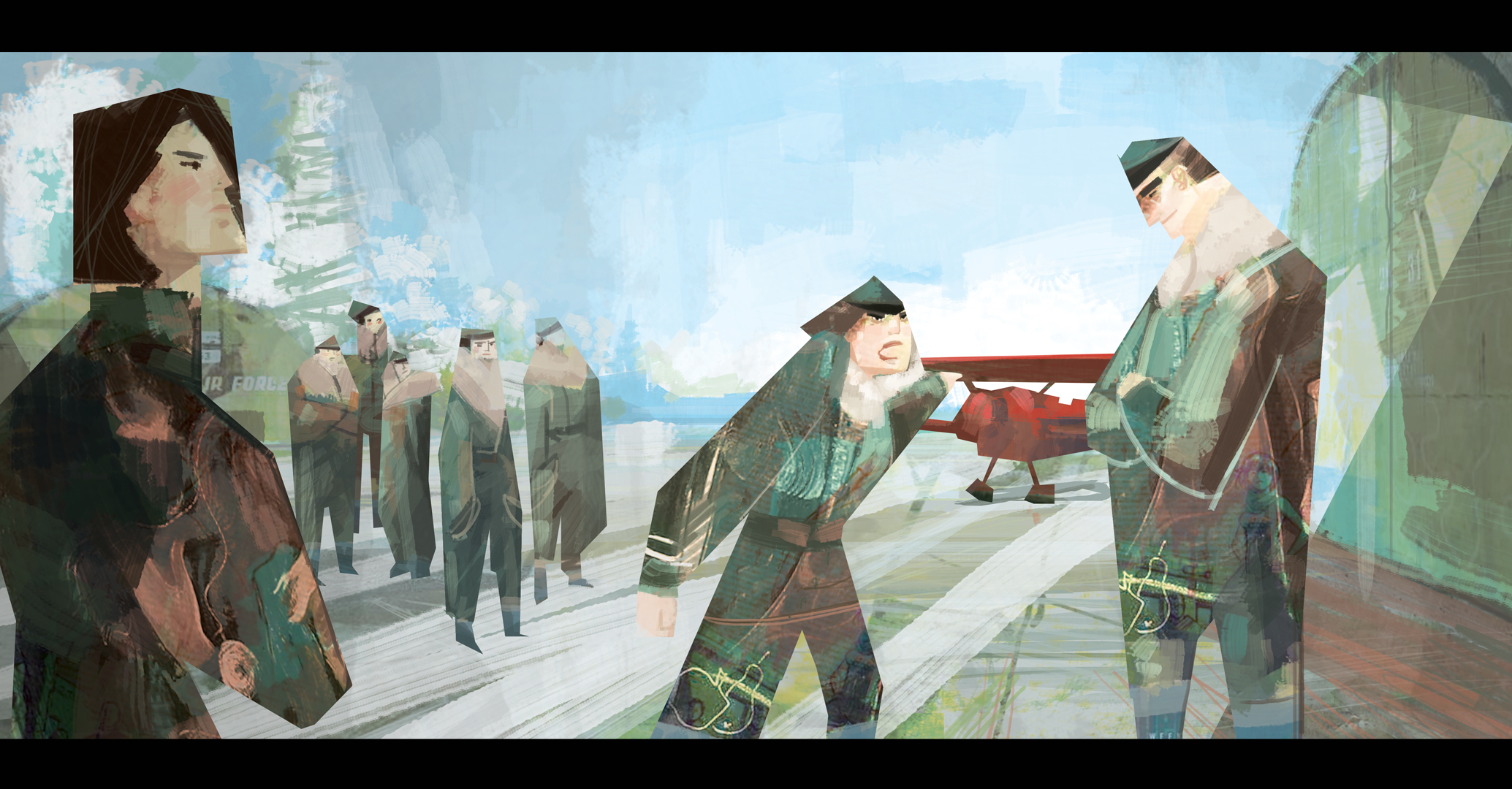 A stylized digital painting of military personnel at an airfield. A female soldier appears to be in a confrontation with an officer, with other soldiers observing. The scene is painted with bold brushstrokes and a muted color palette.