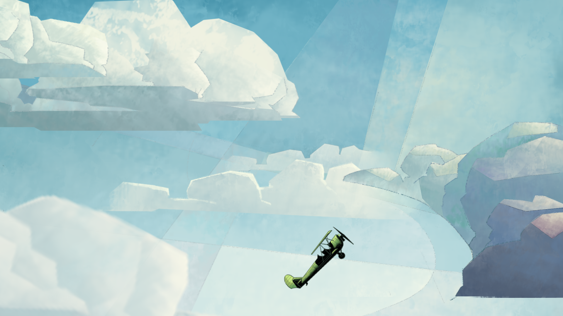 A vintage biplane flying through cloudy skies.