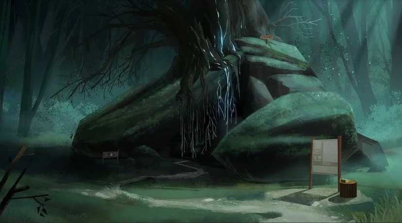 A mystical forest scene with waterfalls flowing from a large tree rooted in moss-covered rocks, surrounded by lush greenery and faint glow. There are signs and a bucket near the water.