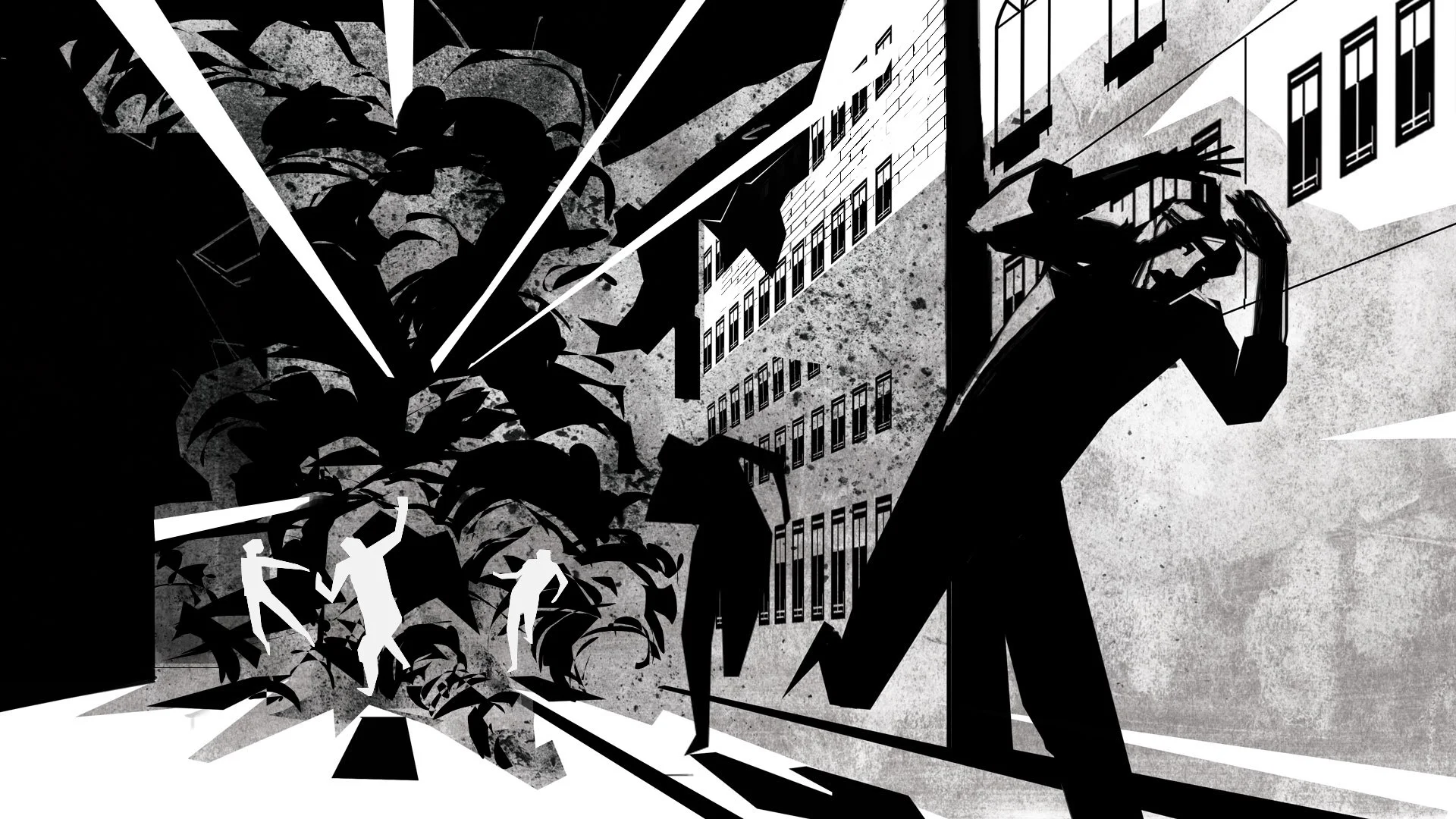 Black and white illustration of a city streets exploding in smoke and debris, and silhouetted people running away towards the foreground.