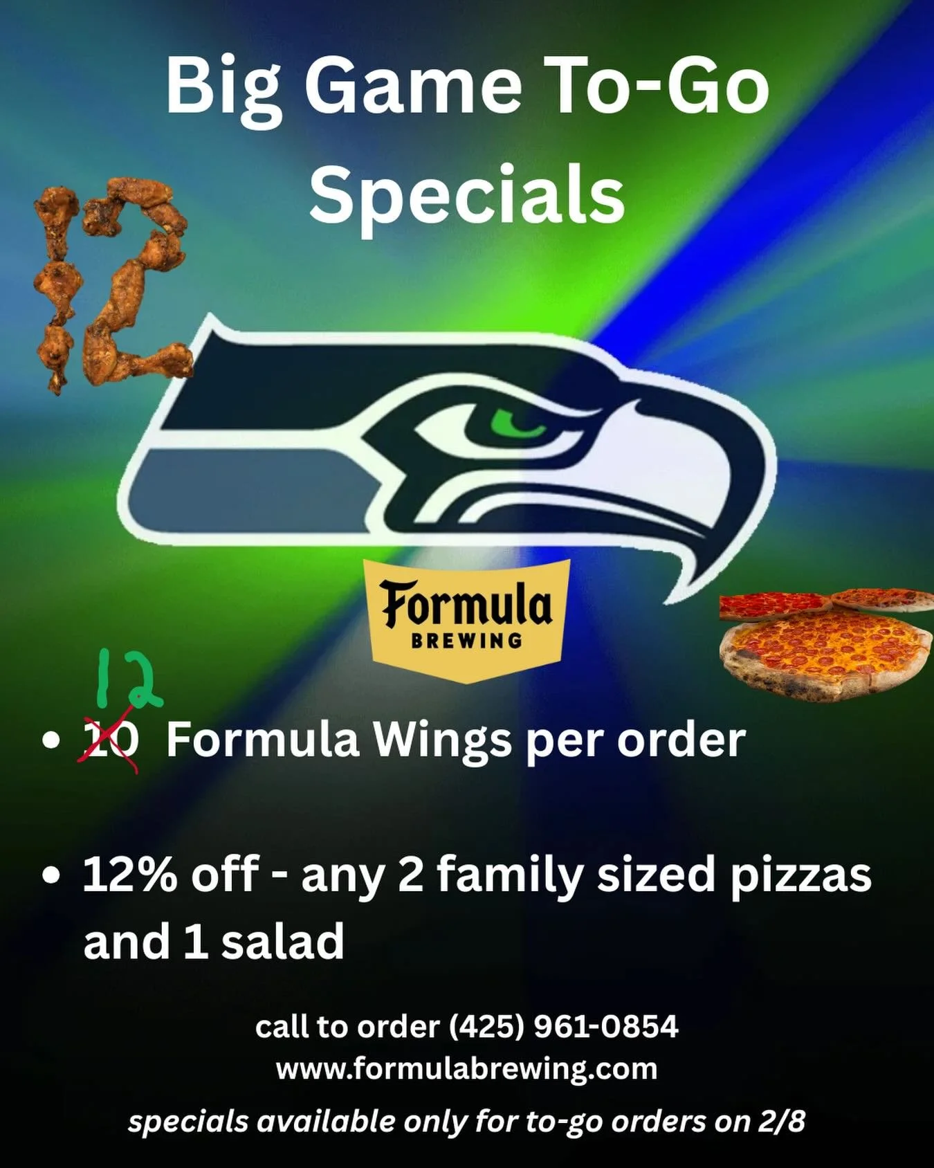 Hosting a Big Game party? Let us handle the cooking so you can focus on the fun.

Big Game To‑Go Specials available only for to-go orders on 2/8:

-12 wings per order (yep, we&rsquo;re bumping it up from 10)
-12% off when you grab two family‑sized pi