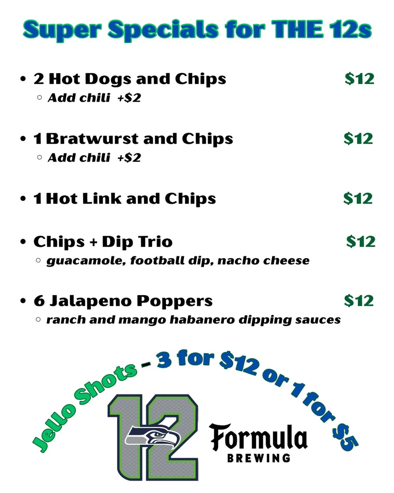 We&rsquo;re ready to party for the Super Bowl! The 12s get exclusive specials during the game when you join us at Formula. Let&rsquo;s bring the noise, Issaquah. Go Seahawks!
