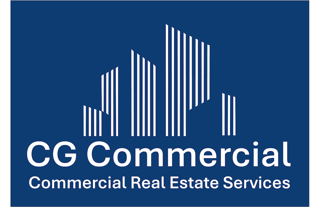 Logo for CG Commercial, a commercial real estate services company, featuring stylized white building silhouettes on a dark blue background with white text.