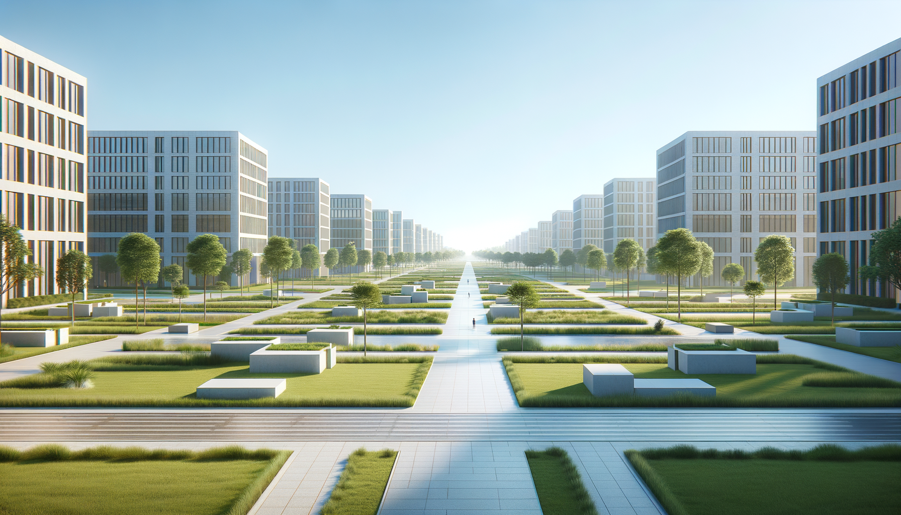 A digitally rendered cityscape with modern high-rise buildings on either side and a wide central pathway leading into the distance, lined with trees and green landscaping.