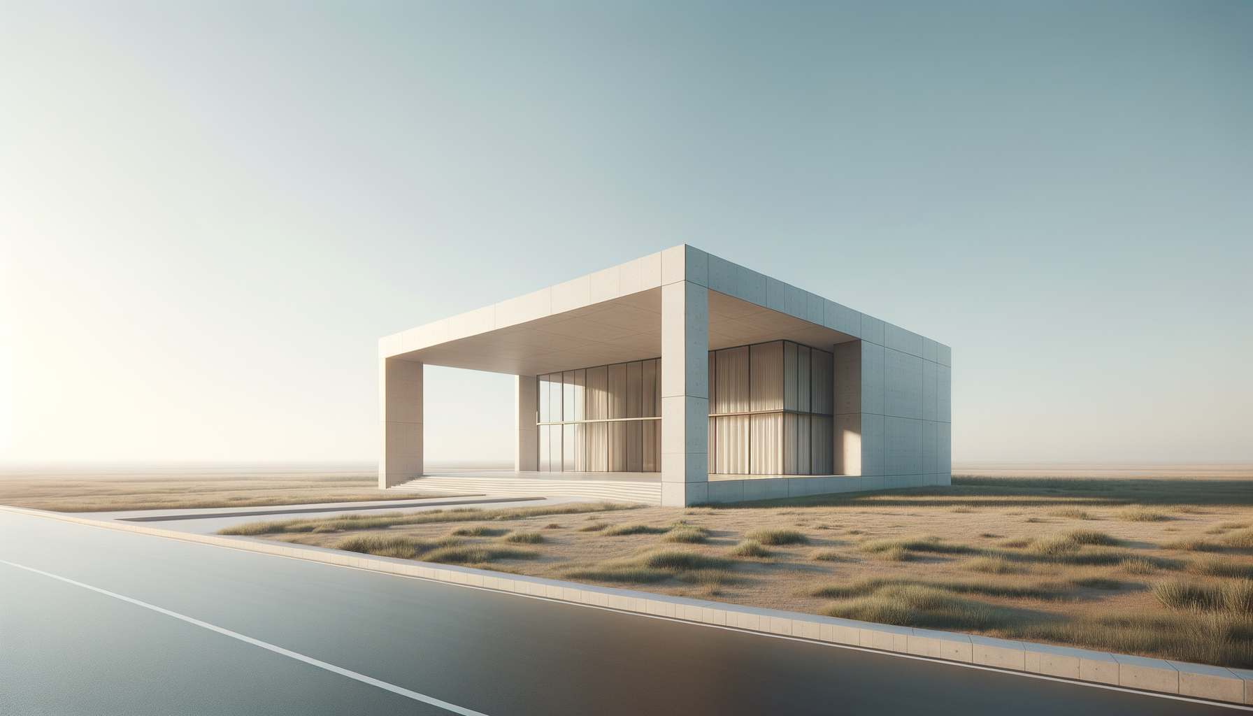 Modern minimalist building with large glass windows and concrete structure, situated in a flat open landscape next to a paved road.