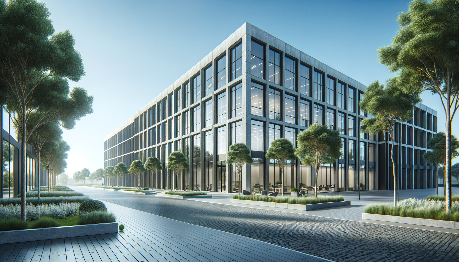 Modern office building with large glass windows, surrounded by trees and landscaped walkways under a clear blue sky.