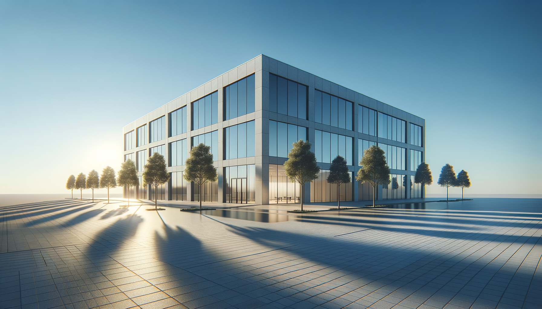 Modern glass office building with trees and long shadows in sunlight